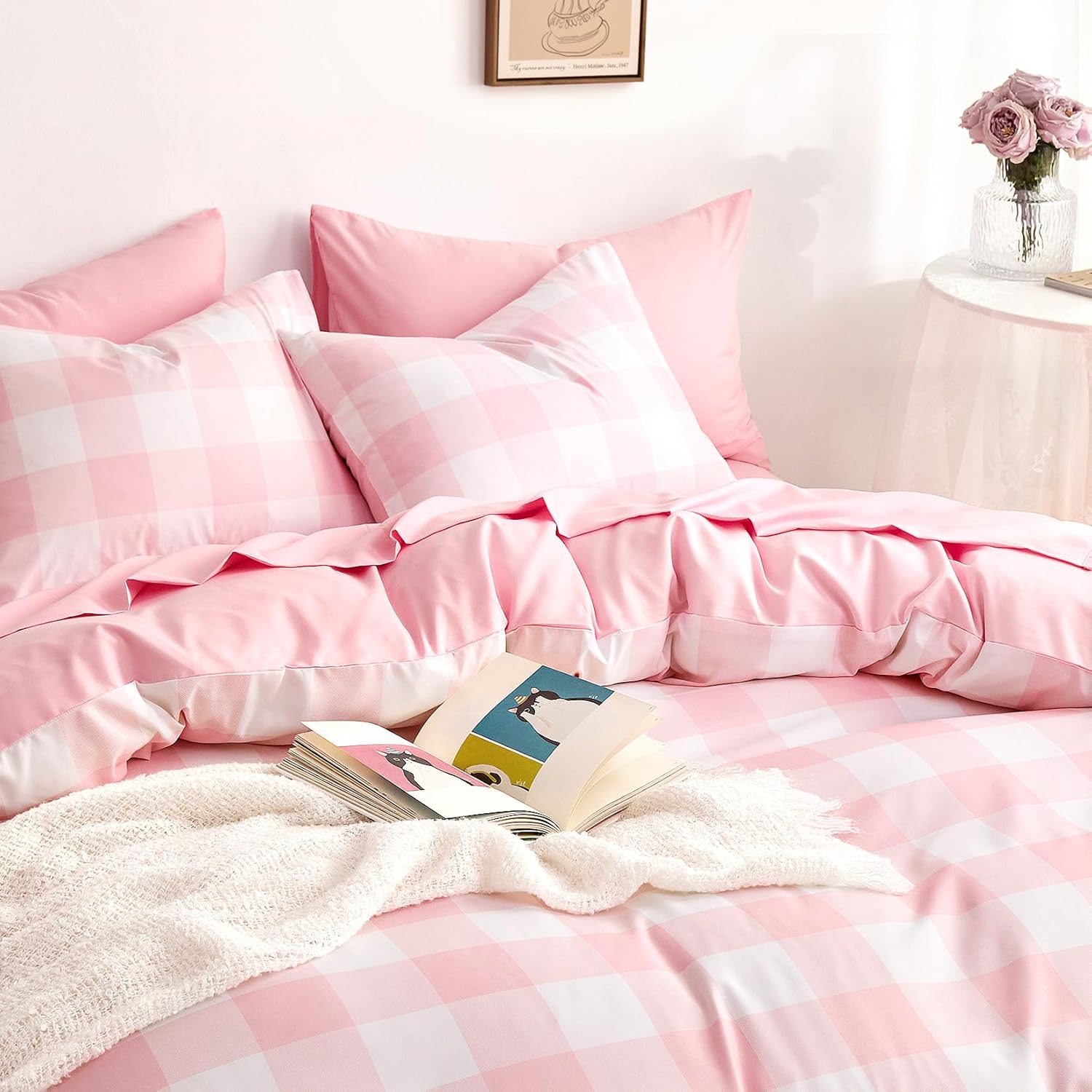 Wake In Cloud - Gingham Duvet Cover Set, Plaid Buffalo Checker Check Cute Aesthetic for Teen Boys Girls, Soft Lightweight Dorm Bedding, 3-Piece, Light Pink White, Twin/Twin XL Size