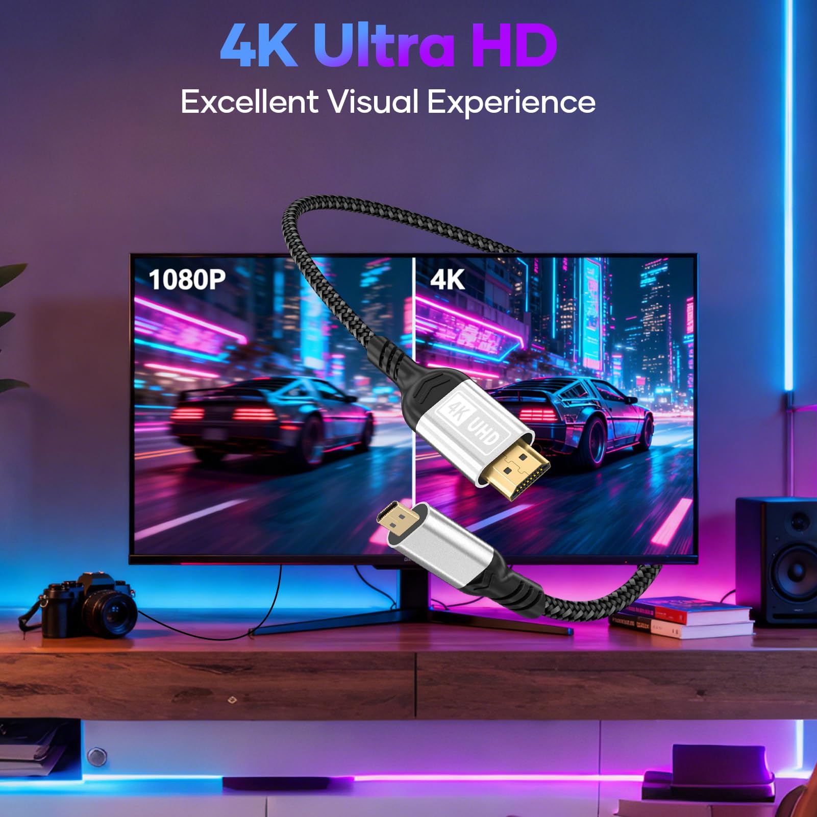 Micro HDMI auf HDMI,3m Kabel 4K@60Hz Micro HDMI 2.0 Kabel,3D HDR,ARC,micro hdmi to hdmi kompatibel mit Raspberry Pi 5/4,Kameras A6300 A6400,GoPro Hero 9/8/7/6,Yoga,ODROID TV,Laptops,Monitor,usw