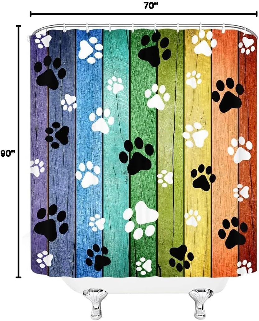 Dog Paws Shower Curtain Rustic Old Barn Wood Board Black White Cute Dogs Cat Pet Paw Abstract Animal Footprint Pattern Print Modern Bath Decor Curtains with Hooks 90Wx70H Inch