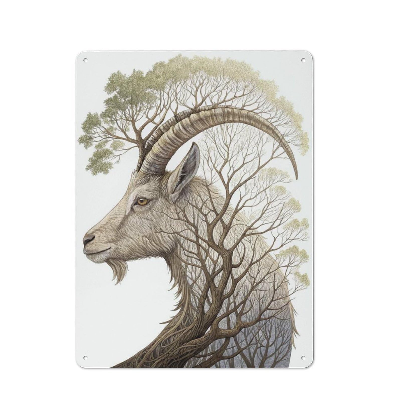 Junmoney Style-17 Goat And Tree Symbiosis Rustic Tin Wall Plaque 40X30cm For Hobby Room Or Studio, A New Home Present For Creative Interior Collectors