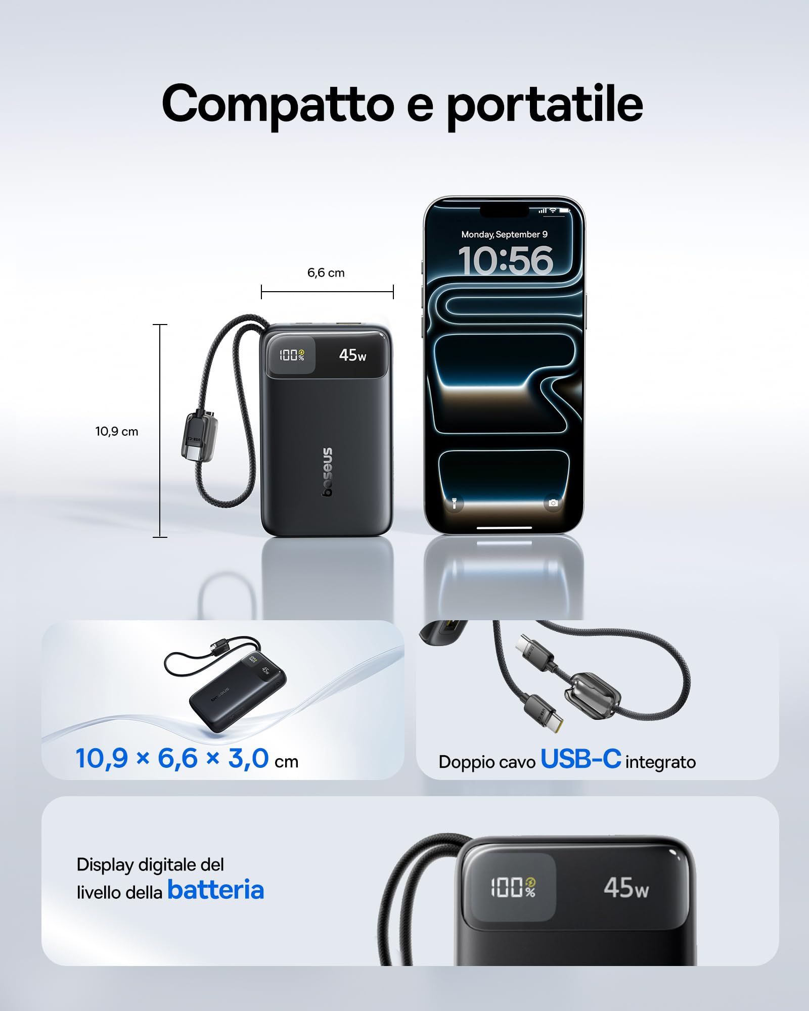 Baseus FC11 Powerbank 45W 20000mAh con 2 cavi USB-C Integrati, Mini Power Bank Ricarica Rapida con Certificato CCC, Caricatore Portatile per iPhone 17/16/15 Pro Max, Samsung Galaxy S25/S24, iPad, Nero