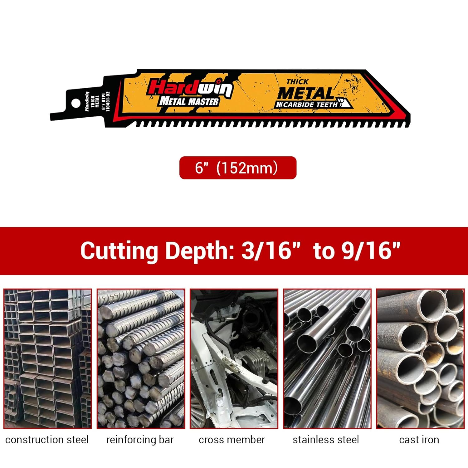 Carbide Reciprocating Saw Blades, 6-Inch 8 TPI – High-Speed Cutting for Thick Metals, Cast Iron, Alloy Steel. Durable Carbide Teeth, Efficient Cutting. Universal 1/2-Inch Shank, 3-Pack.