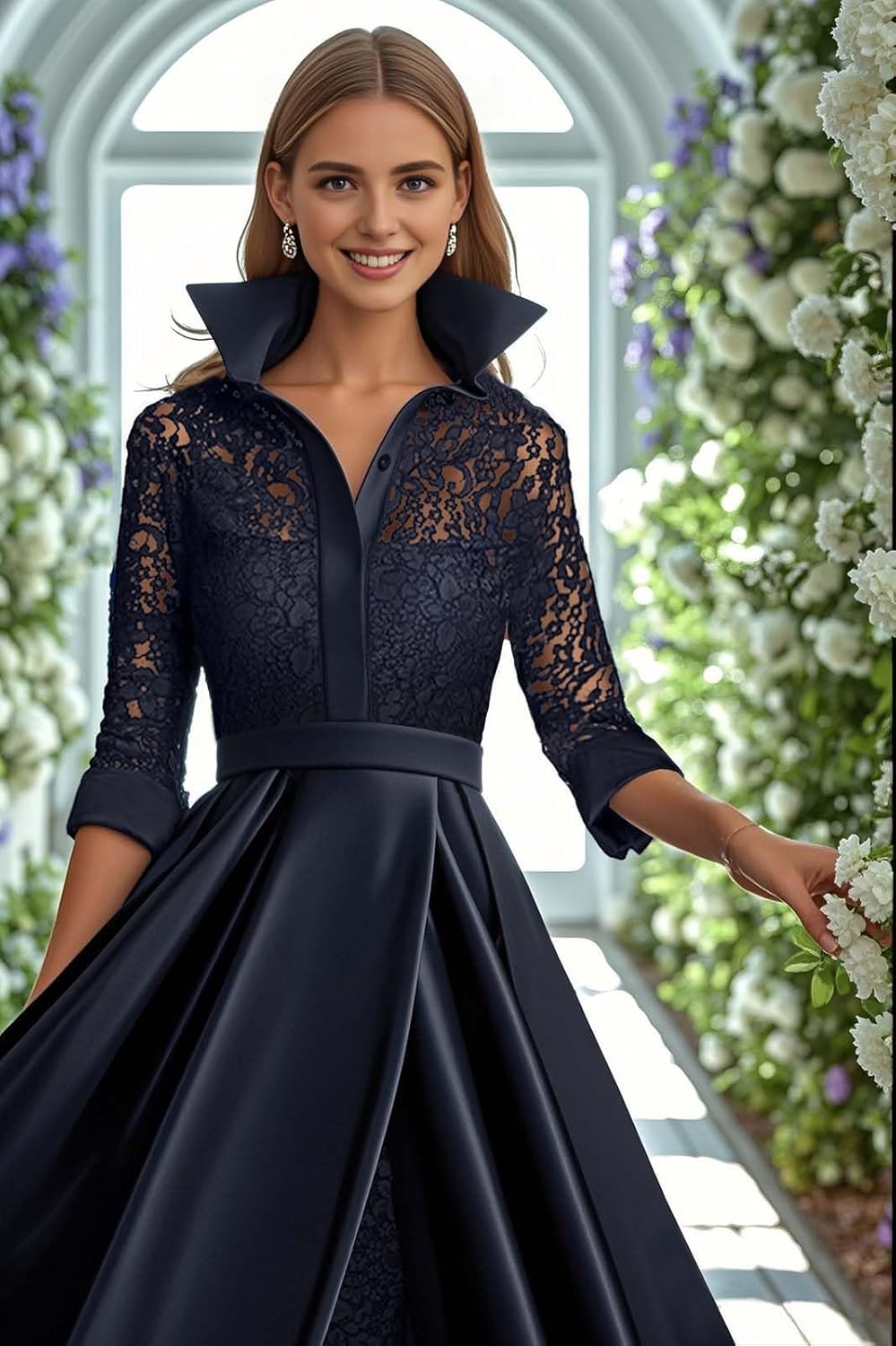 Pantsuit Lace Mother of The Bride Dresses Shirt Collar 3/4 Length Sleeves Floor Length Satin Overskirts Formal Dress - Image 3