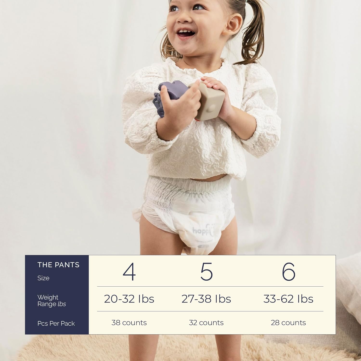 Hoppi Potty Training Pants Size 5 (3T-4T), 32 Count | 360° Stretchy Pull Up Diapers for Toddlers 27-38 lbs | Overnight Absorbency & Leak Guards | Hypoallergenic Potty Training Underwear