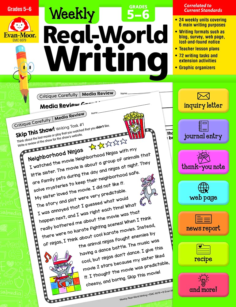 Evan-Moor Weekly Real-World Writing, Grades 5-6 Homeschooling & Classroom Resource, Reproducible Worksheets, Trait-based, Letters, Emails, Advertisements, Web Page, Journal, Hands-on Activities