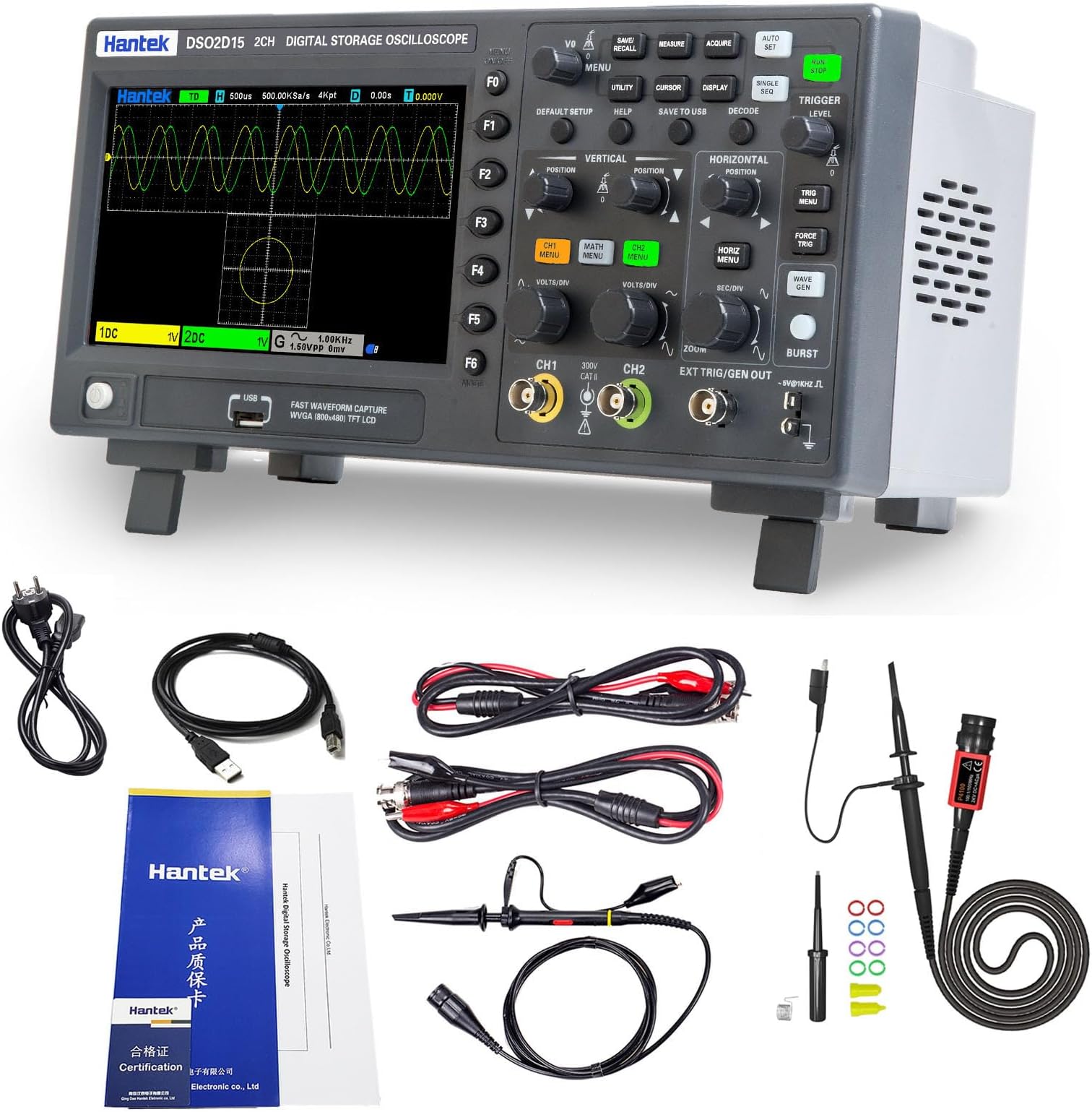 – Hantek DSO2D15 Digital Oscilloscope 2CH 1GSa/S Storage Economical Oscilloscope 150MHZ Bandwidth Handheld with Signal Source