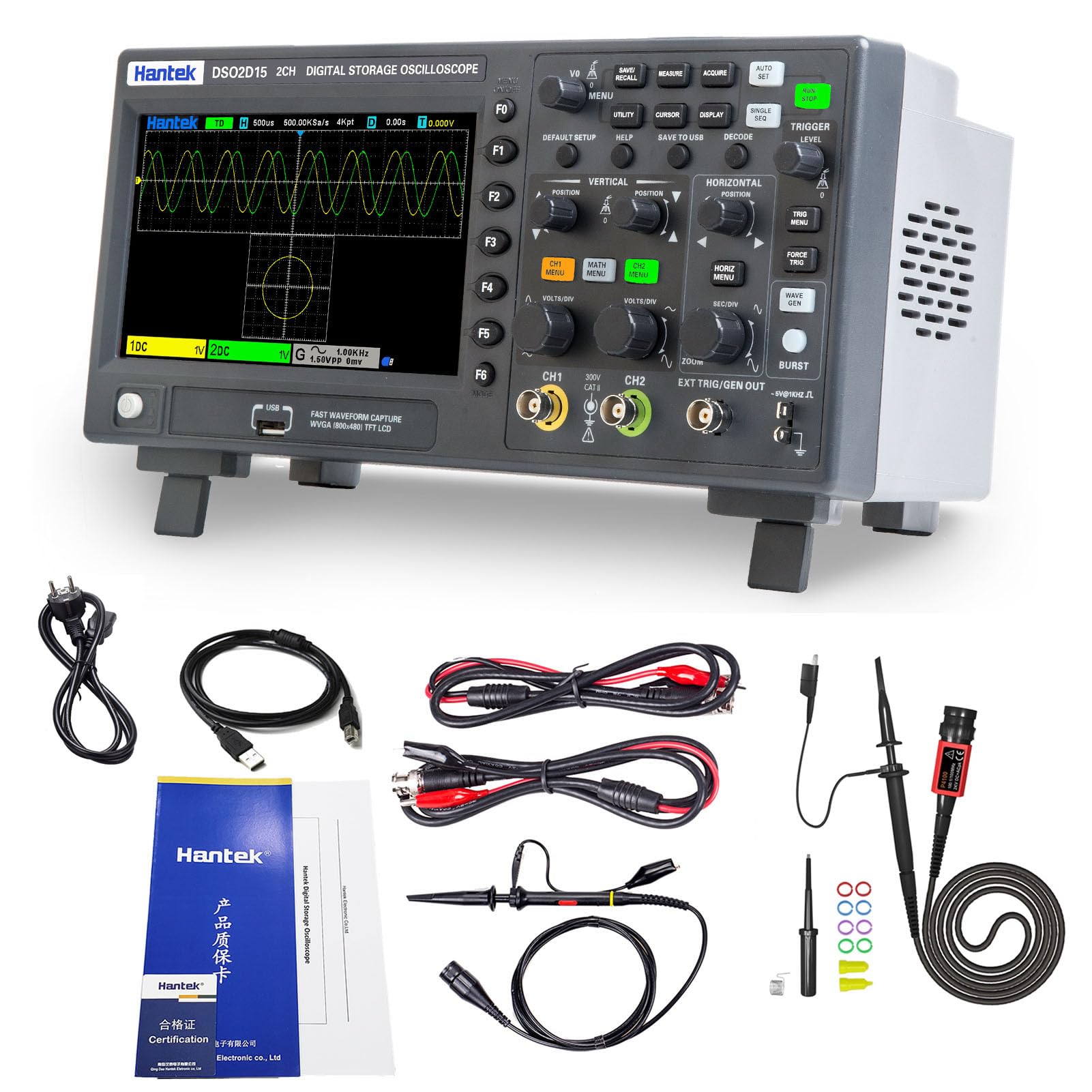 Hantek DSO2D15 Digital Oscilloscope 2CH 1GSa/S Storage Economical Oscilloscope 150MHZ Bandwidth Handheld with Signal Source