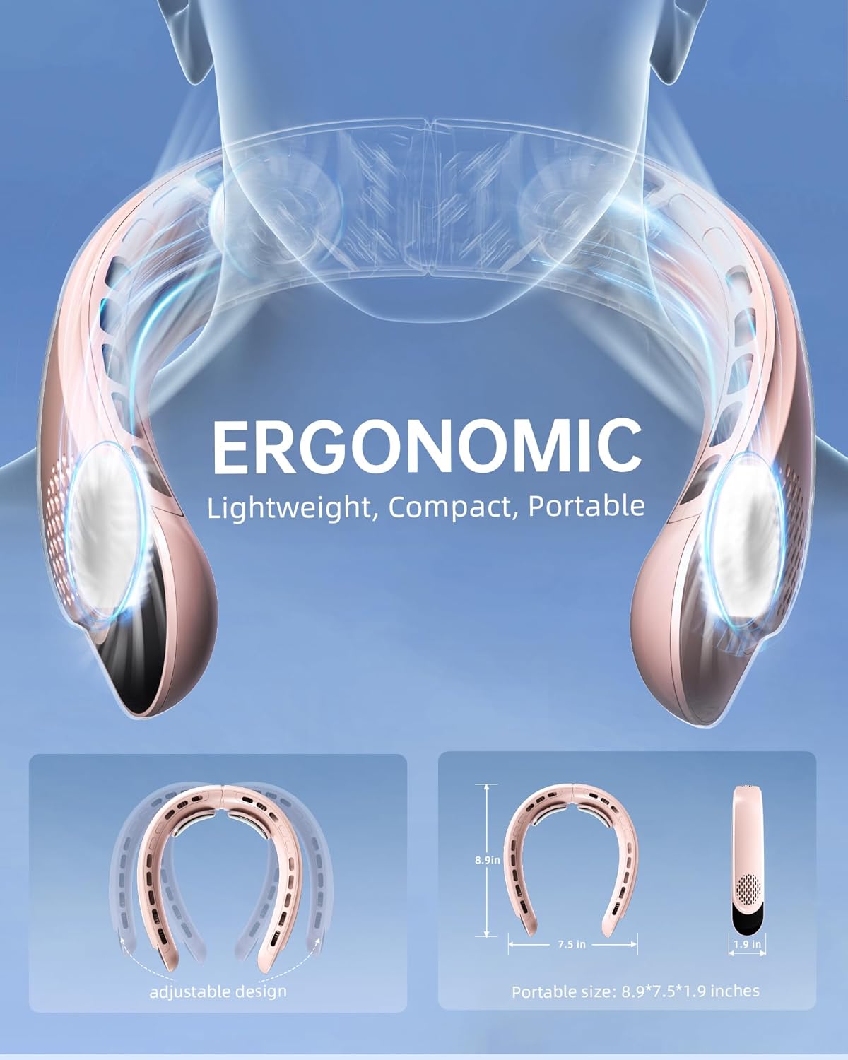 FrSara Rechargeable Neck Fan, Personal Fan with LED Display, 3 Speeds with 4000mAh Battery Powered, Supports USB TYPE-C, Portable, Ideal & Quiet for Women, Men Travel, Outdoor, Pink