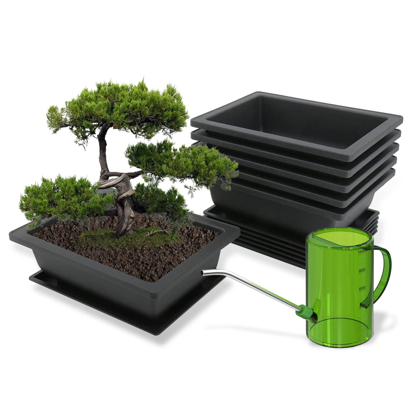 Set 6 Vasi Per Bonsai Rettangolari In Plastica Con Sottovaso, Più Annaffiatoio Da 1L, Per Piante Grasse E Piccole Piante