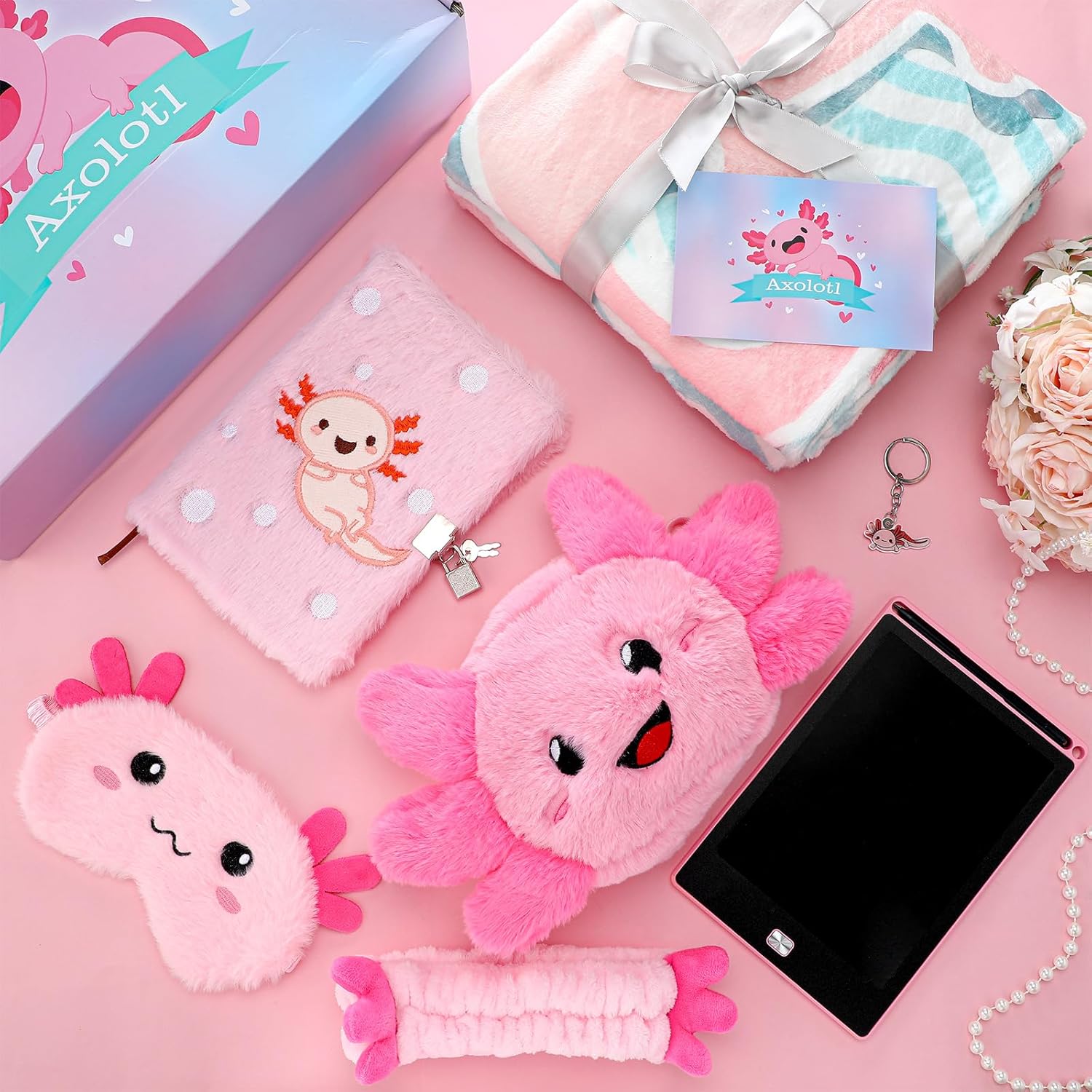 Axolotl Easter Gift Set for Valentine’s Day and Birthday, Includes Flannel Blanket, LCD Drawing Tablet, Keychain, Eye Mask, Diary with Lock, Unique Gift for Axolotl Lovers