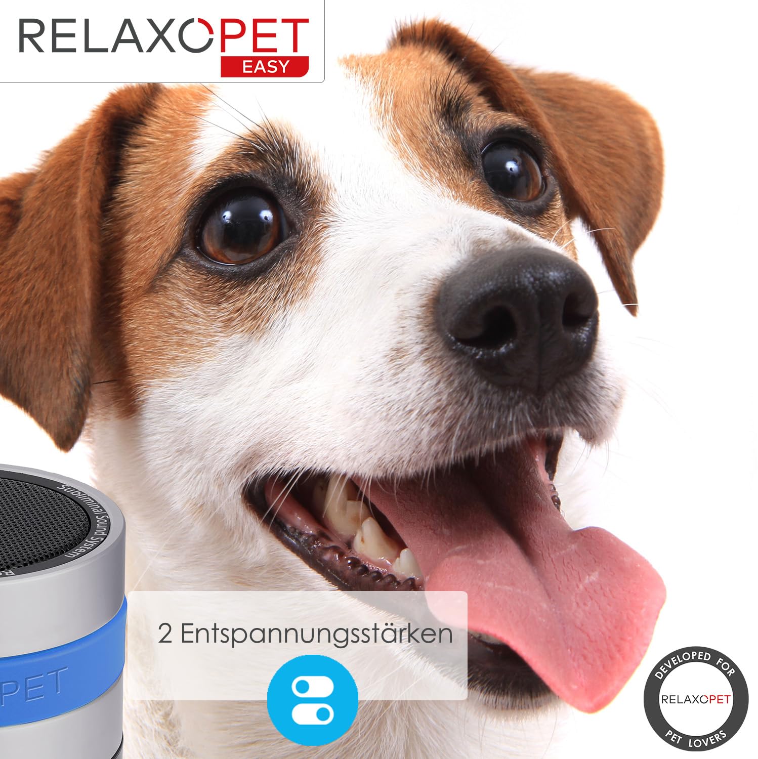 RelaxoPet Easy, Allenatore di rilassamento degli animali, calma per tutti i cani, mondi sonori ad alta frequenza per rilassarsi, certificato TÜV, noto da 'La grotta dei leoni', senza batteria