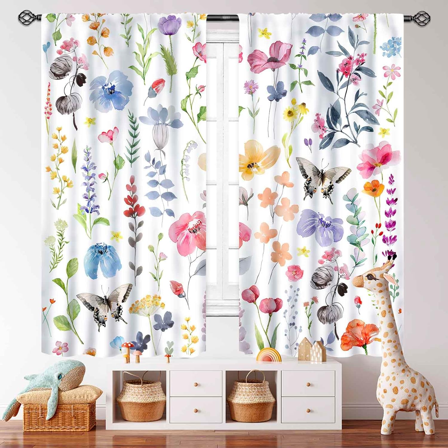 Floral Kitchen Curtains,Country Farmhouse Vintage Pink Watercolor Flowers Leaves Curtains Spring Botanical Plant Pattern Bedroom Living Room Bathroom Window Drapes Treatment 2 Panels,55X63 Inch