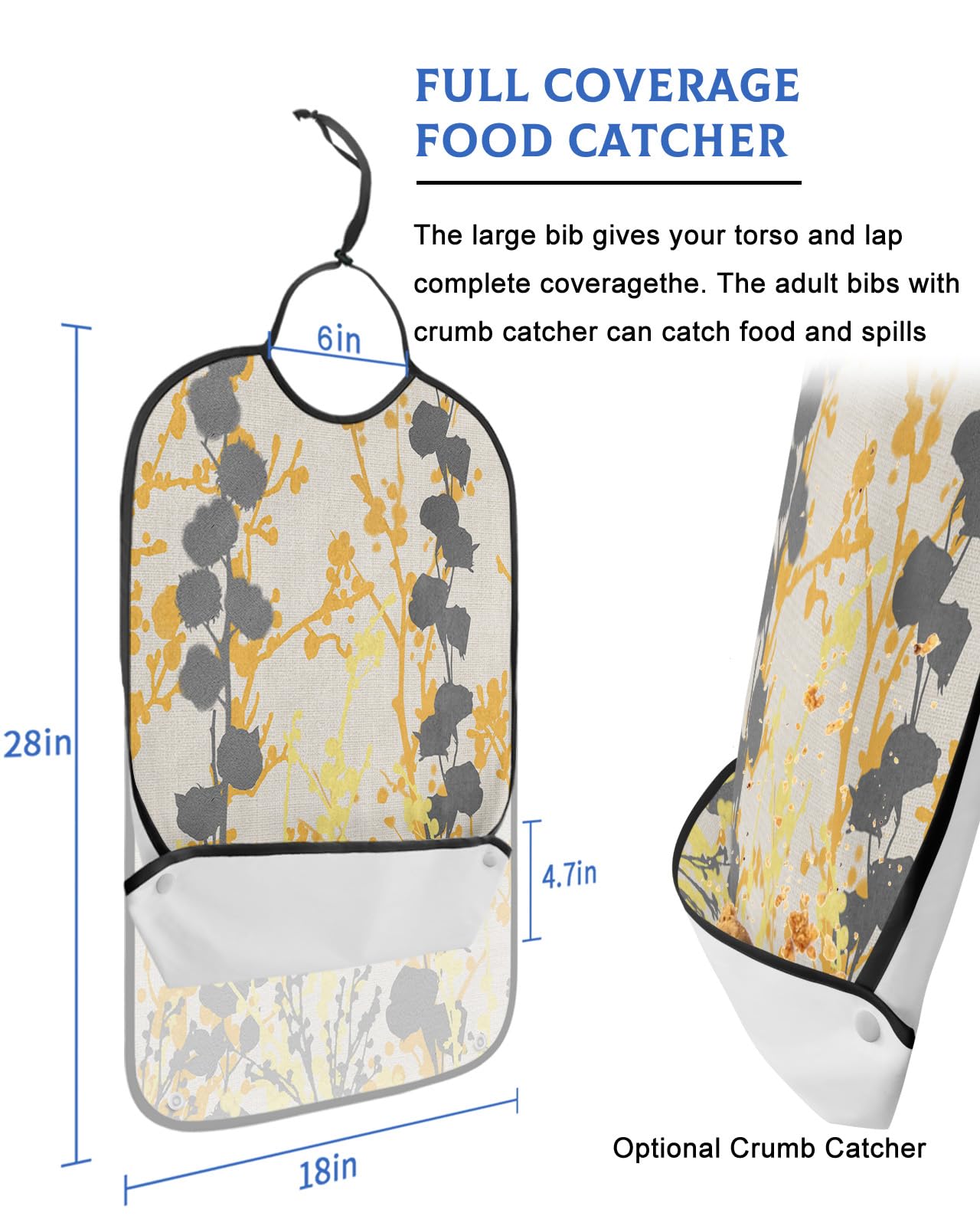 LEOKOTI Yellow Gray Botanical Adult Bibs for Eating, Waterproof Bibs with Food Catcher & Adjustable Snap Closure, Watercolor Abstract Art Rustic Washable Clothing Protectors Adult Bibs for Elderly