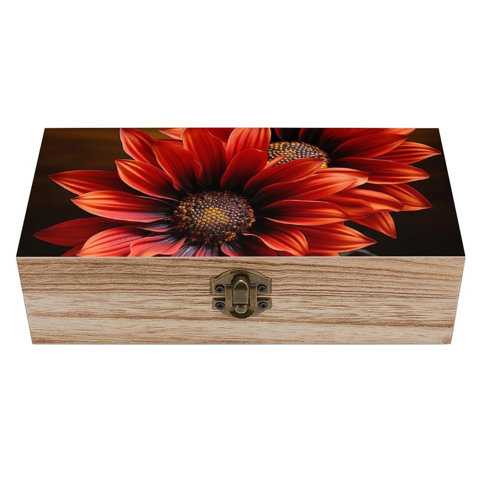 FekiLoot Red Sunflower Wooden Keepsake Box Decorative Wood Storage Organizer with Hinged Lid Large Handmade Boxes Wedding Memory Treasure Box for Jewelry Photos Stamps Crafts
