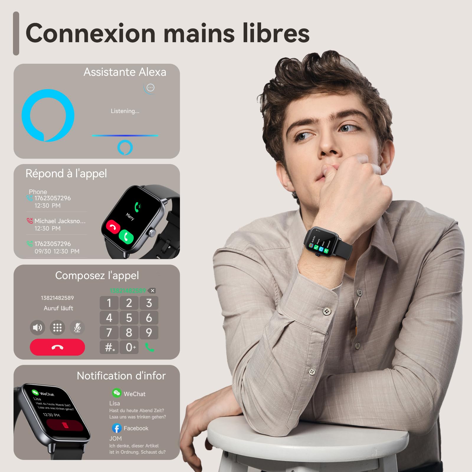 Montre Connectée Homme Avec Téléphone - Étanche, Suivi Sport/sommeil, écran 1.39"