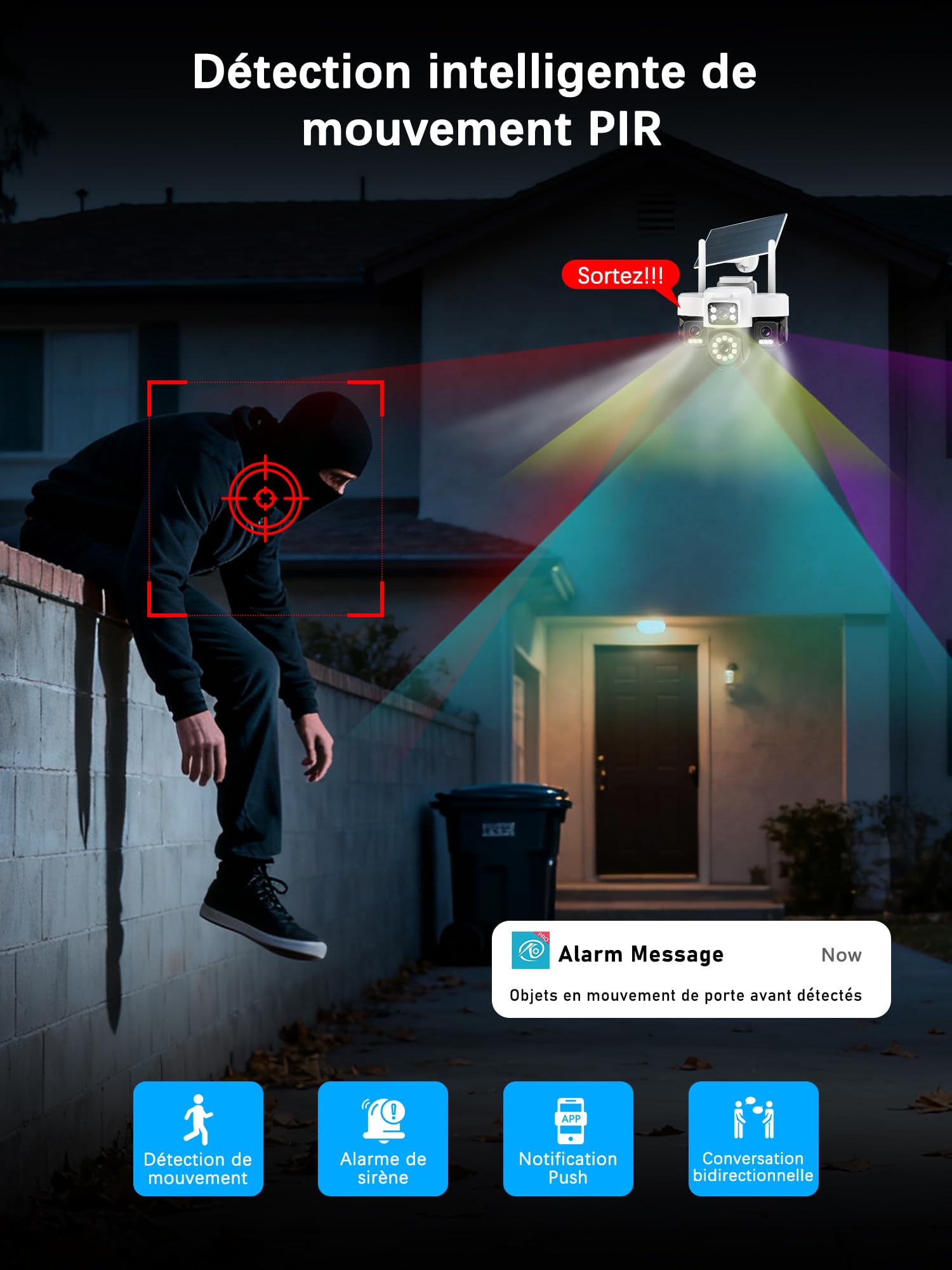 12MP Camera Surveillance WiFi Exterieure sans Fil,AOV 24/7,Quatre objectifs/Camera Solaire/Batterie,Suivi Automatique,360° PTZ,Vision Vocturne,Audio Bidirectionnel,PIR Sirène,étanche,2.4/5G WIFI,IP66