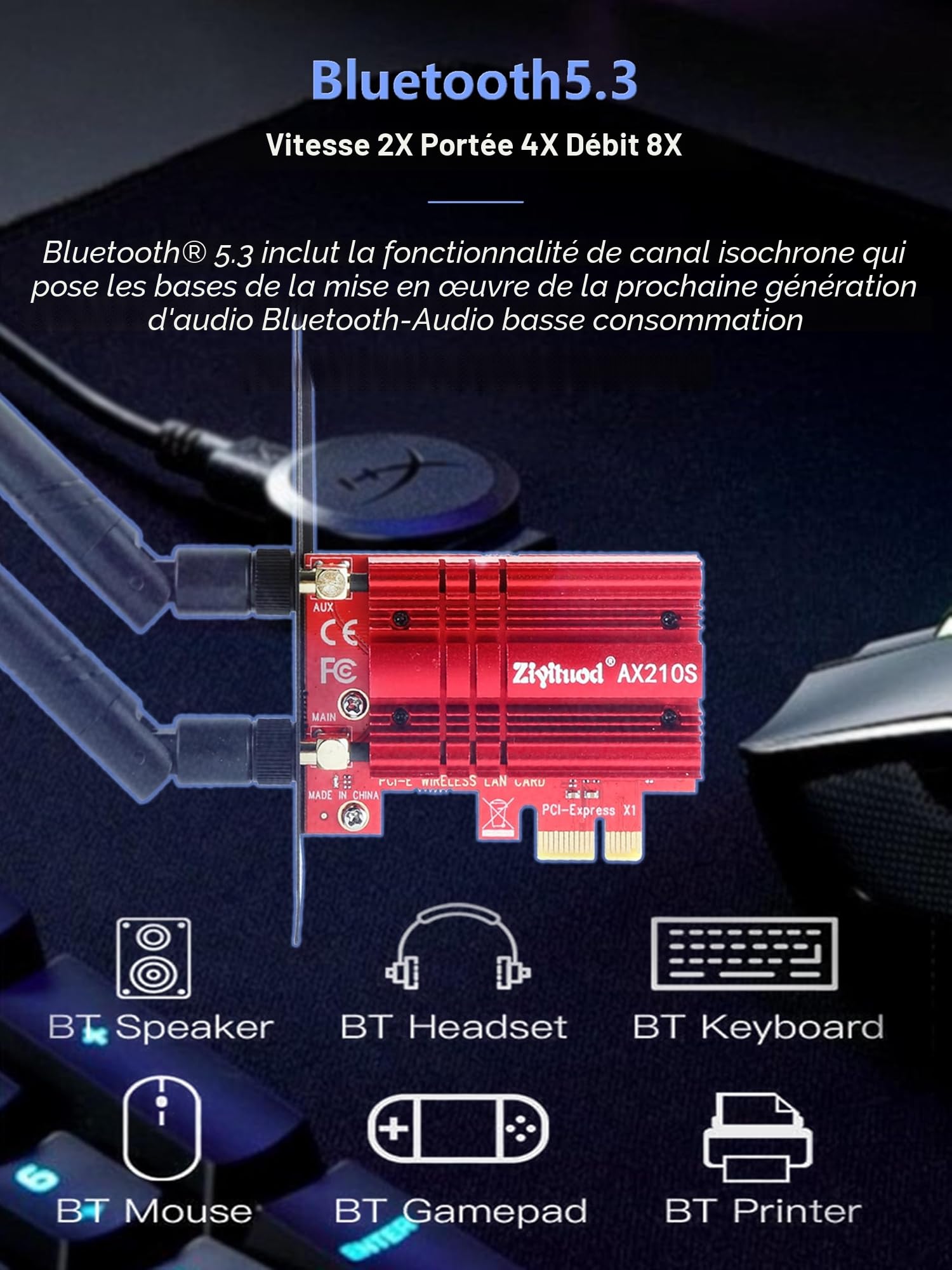 Intel WiFi 6E AX210 Carte WiFi 5400Mbps PCIe Bluetooth 5.3 Tri-Bandes 6GHz/5GHz/2.4GHz pour PC Win 11/10