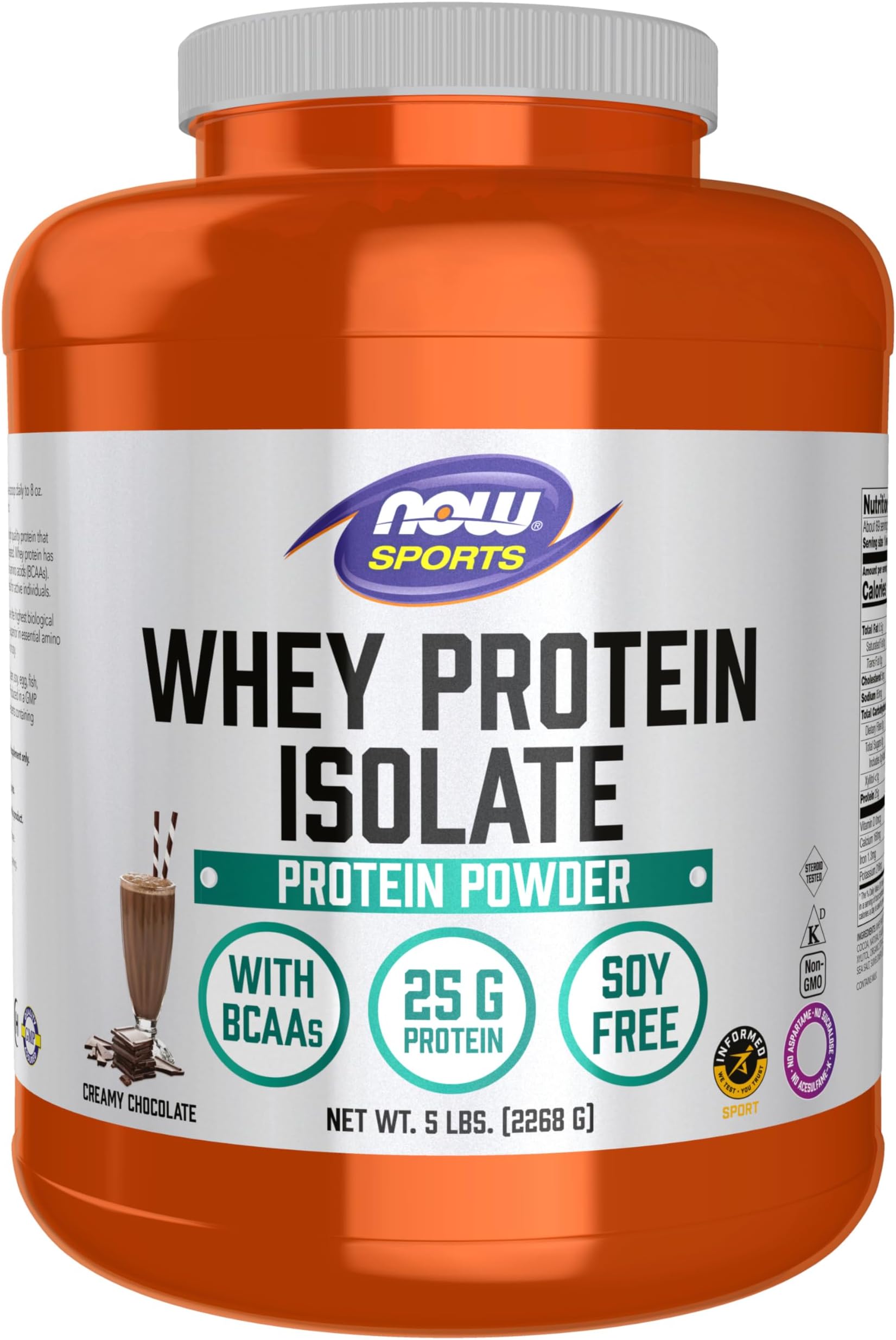 NOW Sports Nutrition, Whey Protein Isolate, 25 G With BCAAs, Creamy Chocolate Powder, 5-Pound