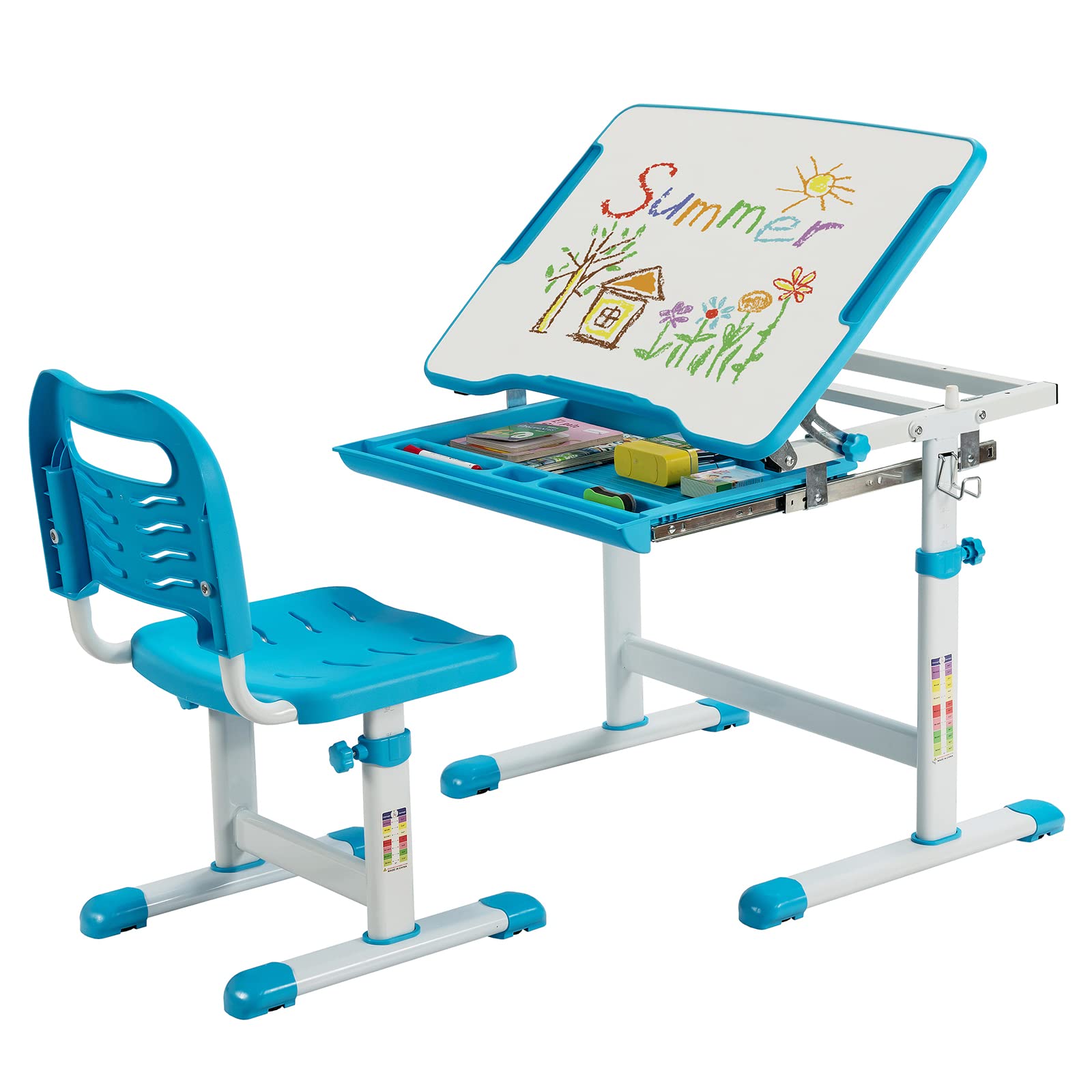 COSTWAY Kids Desk and Chair Set, Height Adjustable Student Study Table with Drawable & Tilted Desktop and Pull-Out Drawer