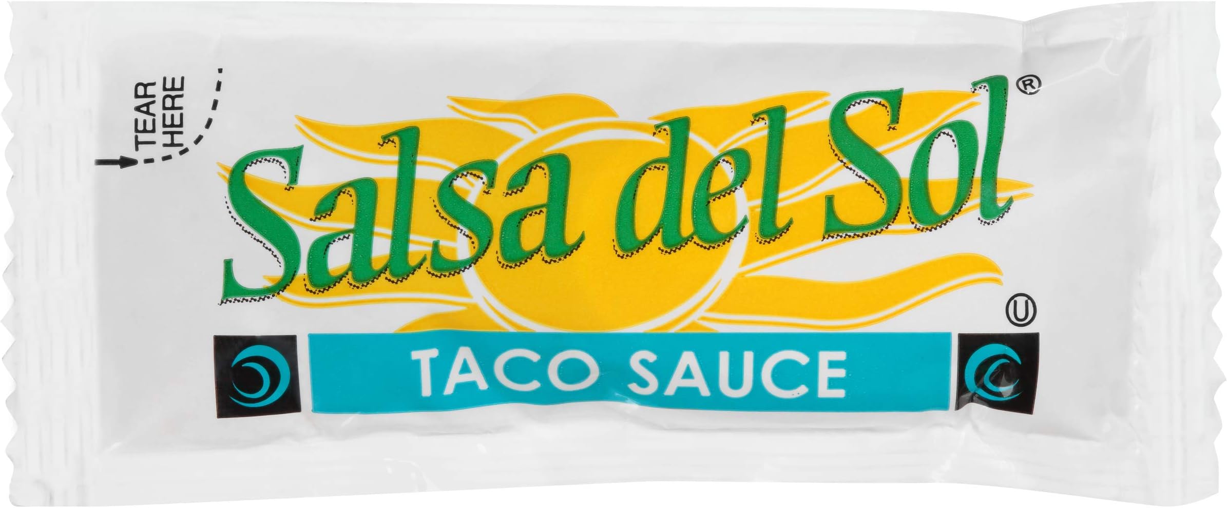 Salsa Del Sol Taco Sauce, Single Serve, 9 g., Pack of 500. A hot and spicy premium taco sauce, deep red to reddish-brown in color with bits of spices suspended throughout.
