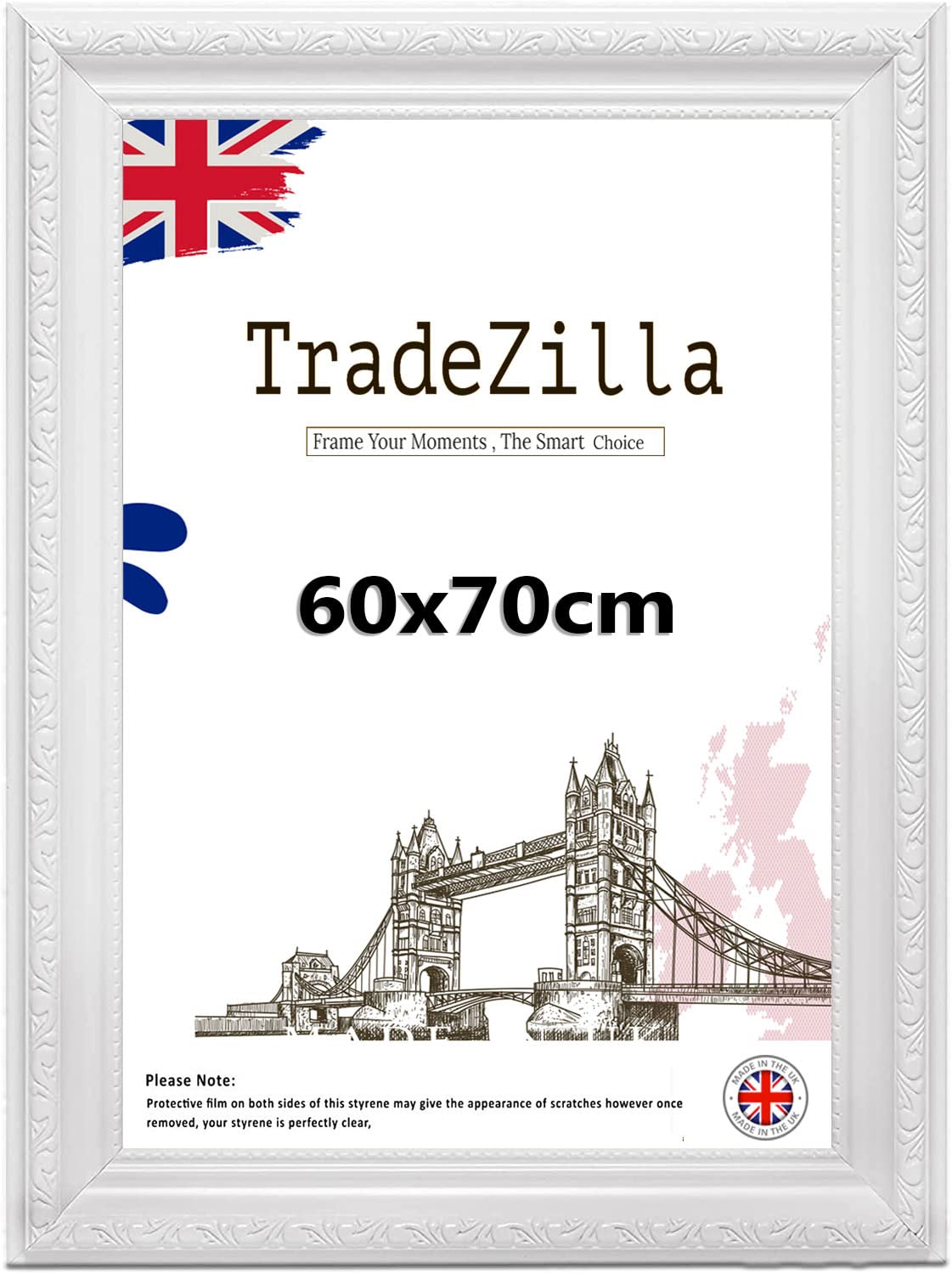 Tradezilla White Antique Style Ornate Shabby 60X70cmposter/ Picture Frame Size| Colour Mdf Solid Wood & Hd Perspex | Landscape & Portrait Display |Gift Wall Art Gallery Home Décor (White)