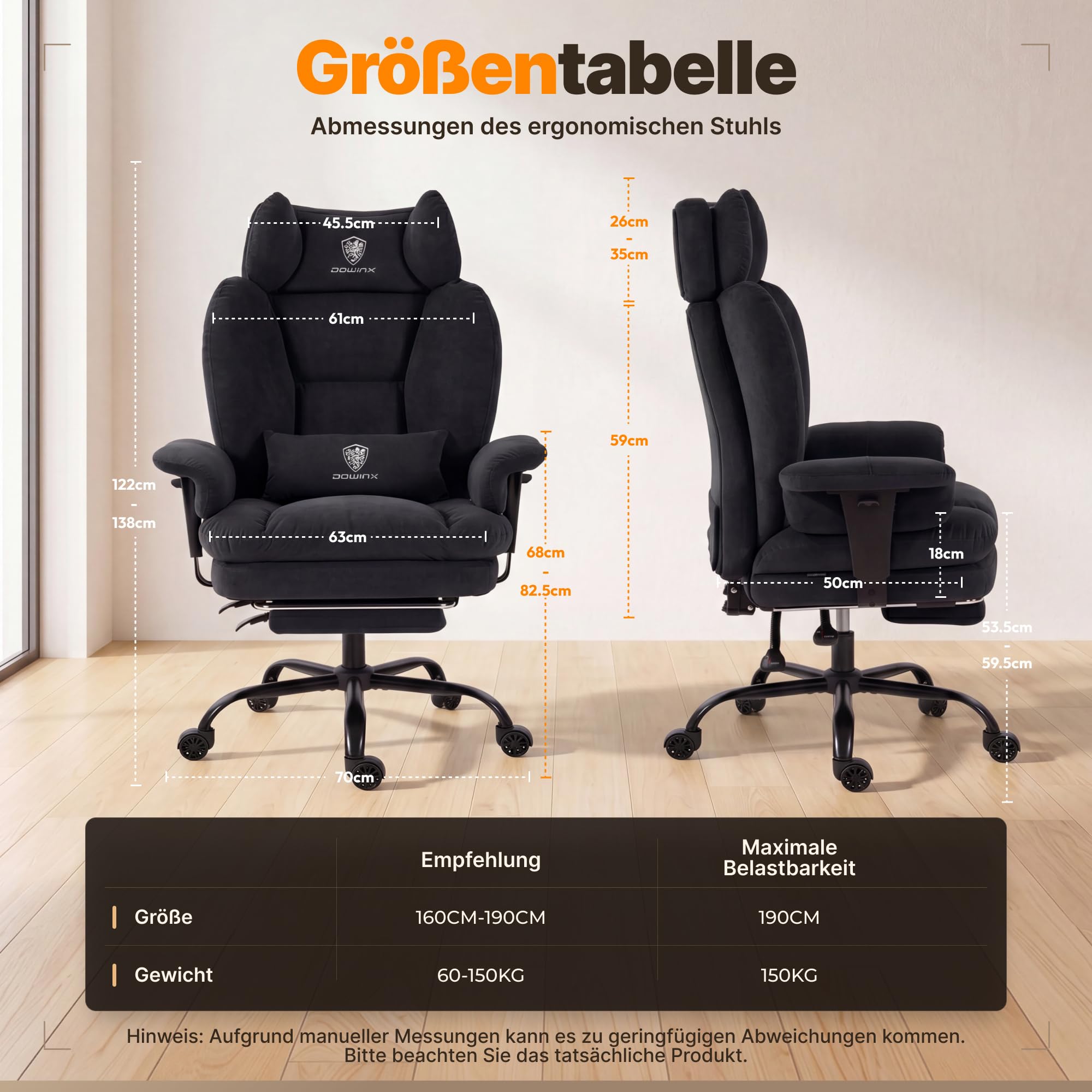 Dowinx Ergonomischer Bürostuhl aus Wildleder-Optik mit Federkern-Sitzpolster, höhenverstellbaren gepolsterten Arm- und Kopfstützen, Liegefunktion und ausklappbarer Fußstütze,Schwarz