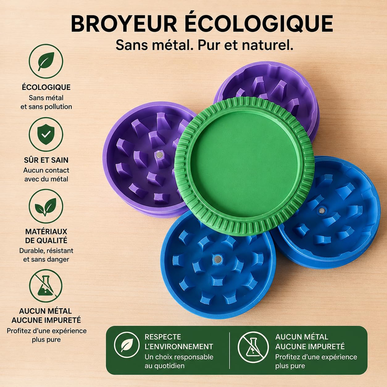 Grinder à Herbes Biodégradable – Broyeur Manuel en Plastique Biodégradable – Léger et Résistant – Dents Efficaces – Écologique, sans Métal – Idéal Herbes, Épices et Usage Quotidien (Rose)