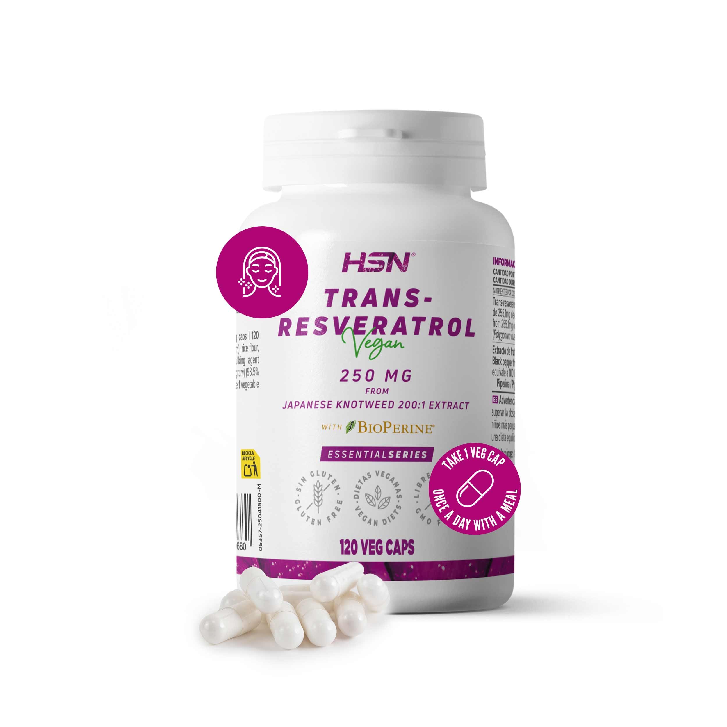 HSN Resveratrol 250mg + BioPerine® | 120 Cápsulas Vegetales | Puro Trans-Resveratrol de Fallopia japonica 200x Veces Más Concentrado | No-GMO, Vegano, Sin Gluten