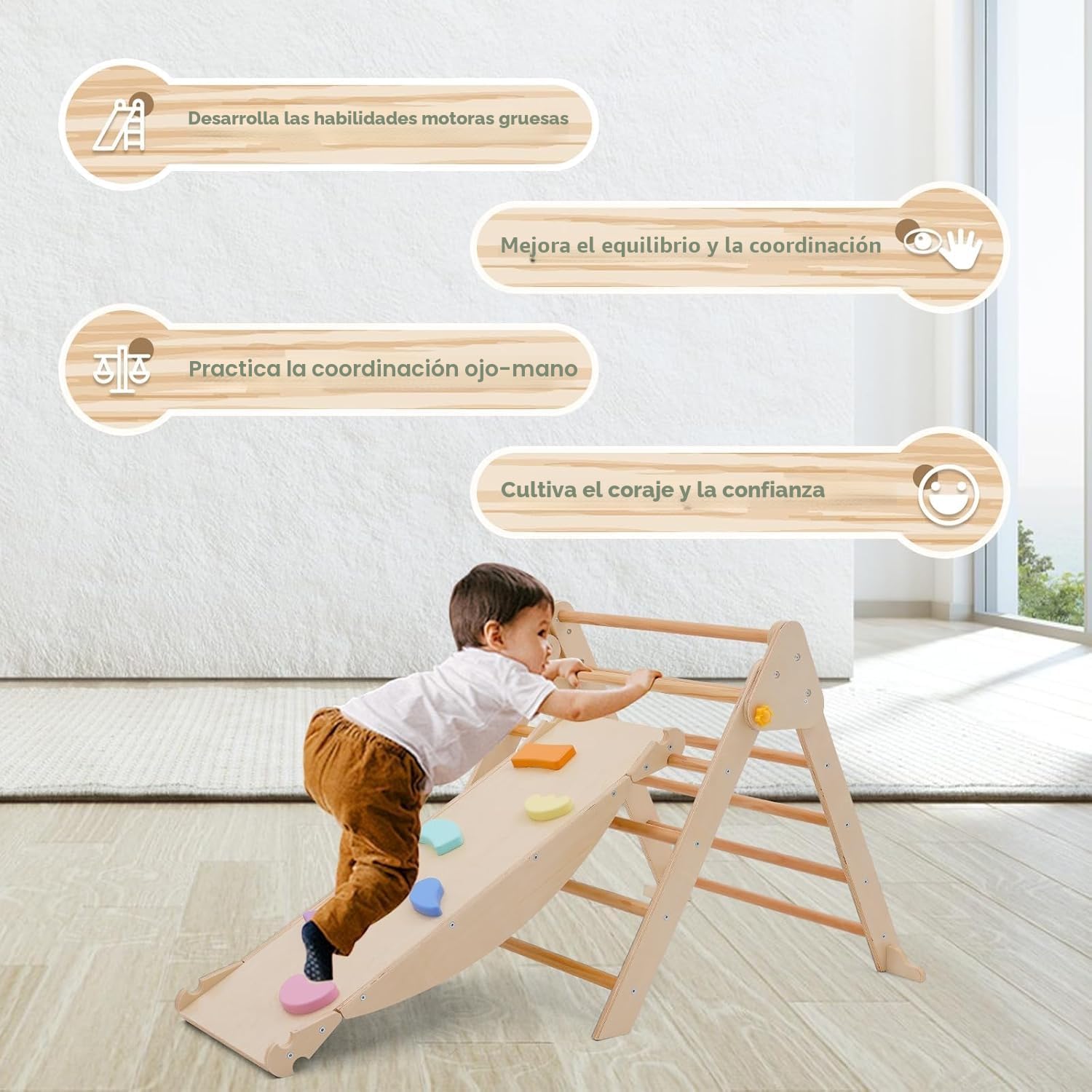 4 en 1 Triángulo de Escalada, Plegable Juego de Escalada de Madera con Tobogán, Arco de Escalada y Balancín, Estructura de Escalada Montessori para Interior y Exterior, para Guardería Casa