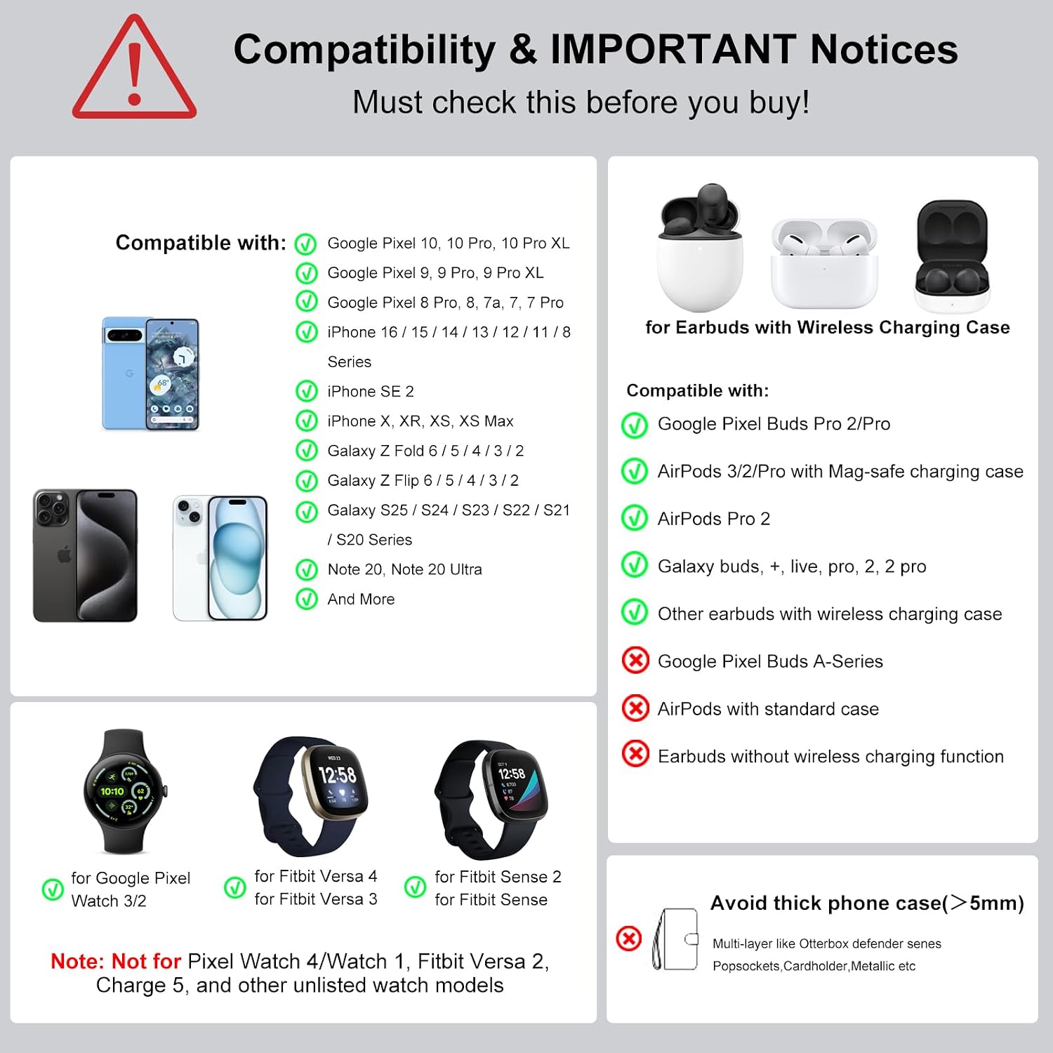 Charger for Pixel Watch 3/2, Fitbit Versa 4/Sense 2 (Not for Pixel Watch 4/1), Charging Station for Google Pixel 10 Pro XL/10 Pro/10/9a/9 Pro XL/9 Pro/9/8 Pro/8/8a, Pixel Buds Pro 2/Pro (No Adapter)