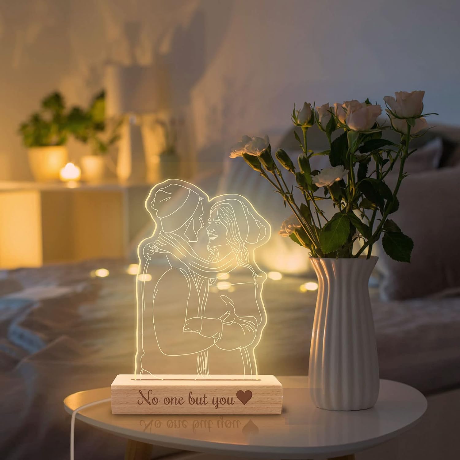 Personalized 3D Photo Lamp Custom Portrait Illusion Night Light with Wood Base Customized Picture Engraved Acrylic Light LED Night Light for Wife Husband Girlfriend
