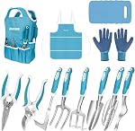 Ensemble d'outils de jardinage brun 12-Piece, Kit d'outils à main de jardin robuste avec poignée ergonomique non glissante, sac de rangement, Tablier de jardin, gants et plaque de genou, cadeaux de jardinage pour les femmes hommes Plant Lover