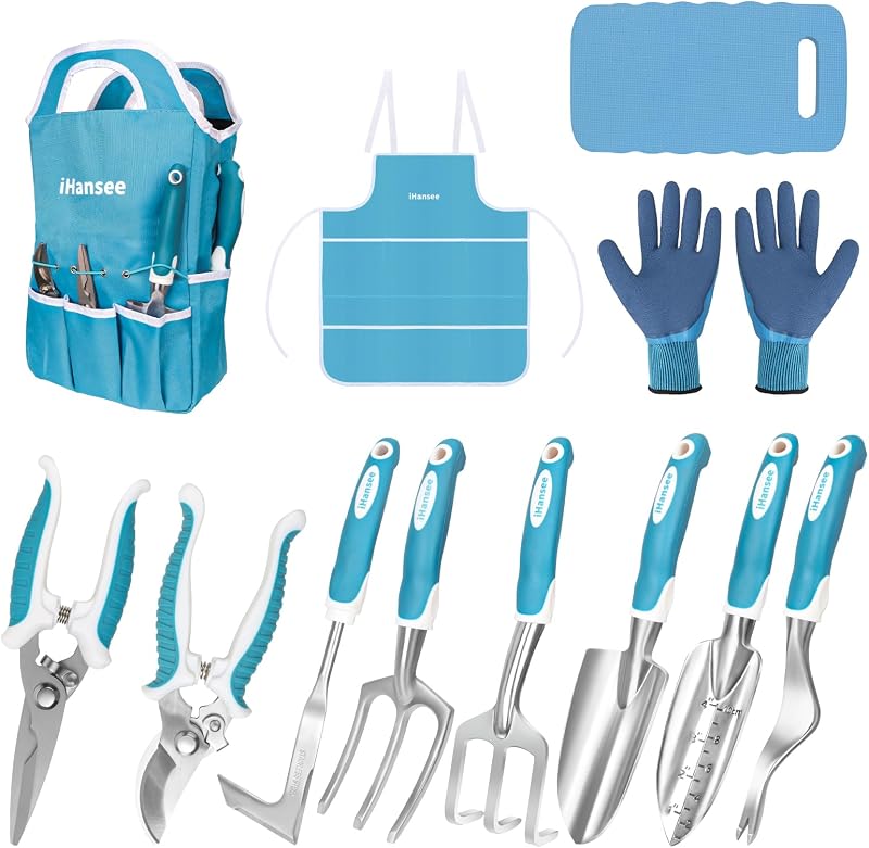 Blue Garden Tools Set 12-Piece, Gardening Gifts for Women Men | Aluminum Gardening Hand Tool with Non-Slip Handle, Kneeling Pad, Apron, Gloves and Organizer Handbag, Landscaping Tools