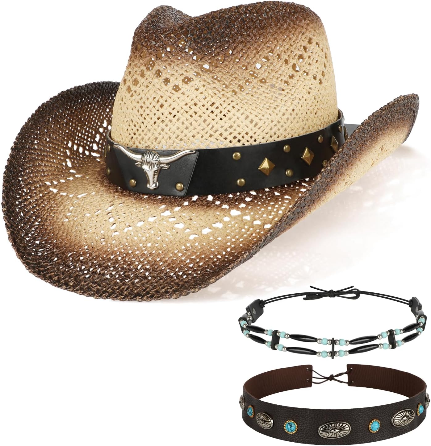Cowboy Hat,Cowgirl Hat,Cowboy Hats for Women/Mens/3 Decorative Bands Straw Hat,Western Cowboy Hat for Women and Men