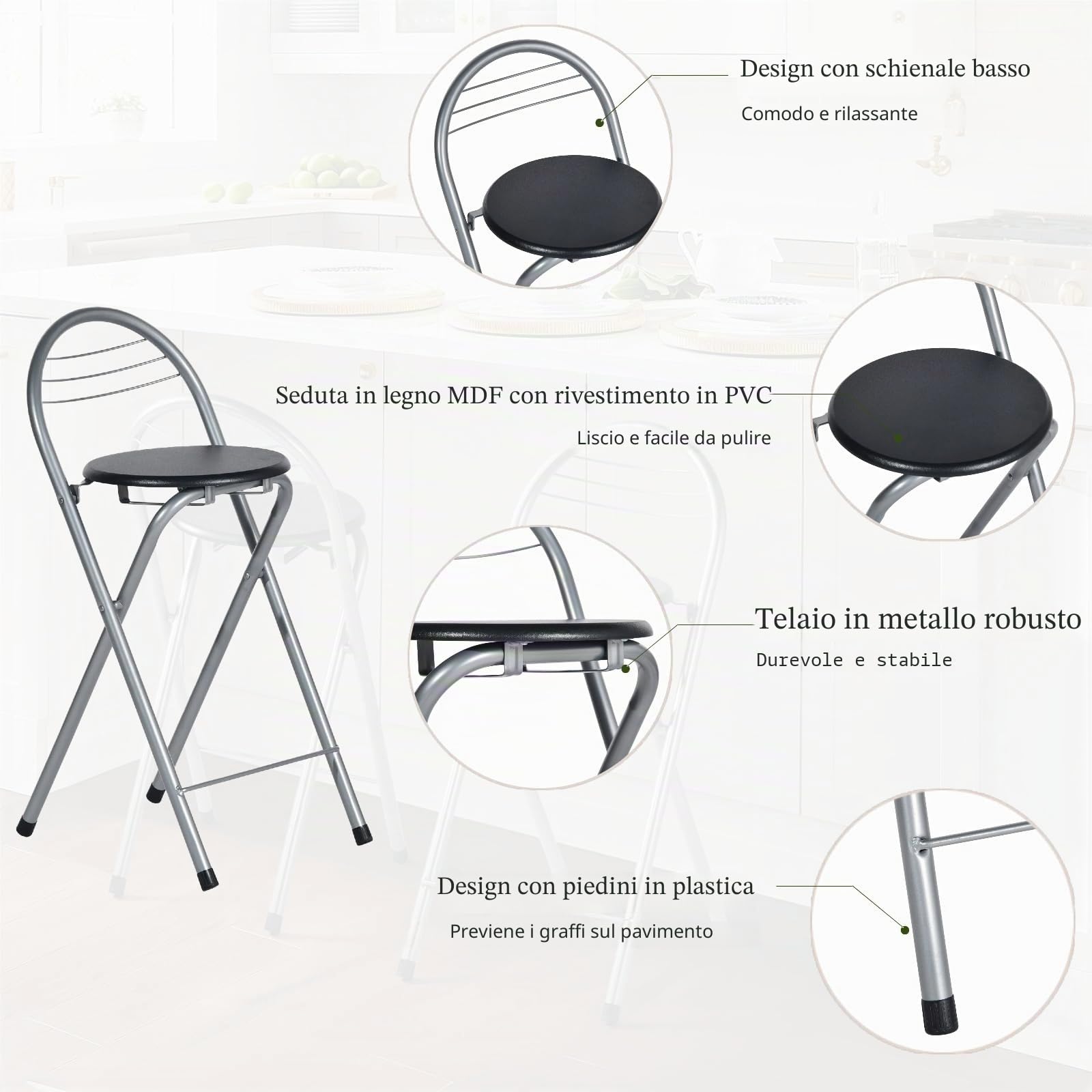 Sgabello da Bar Pieghevole Set di 2, Sgabello Pieghevole Portatile Sedia da Bar Pieghevole con Schienale per Bistro Cucina Terrazza Esterna, Altezza seduta 61 cm, Nero e Argento