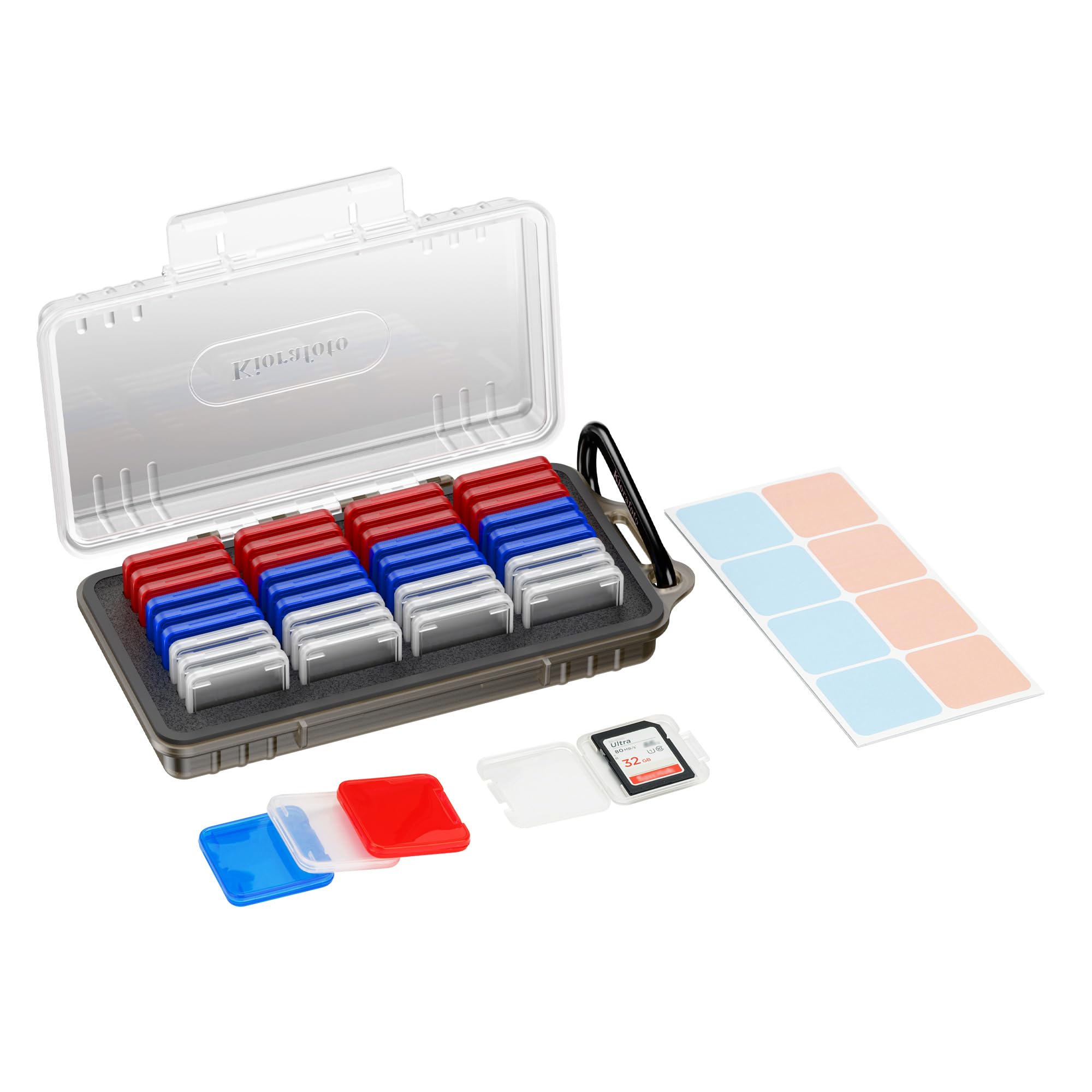 Kiorafoto Estuche para tarjetas de memoria SD con 36 fundas individuales de plástico transparente para tarjetas SD SDXC SDHC, resistente al agua, a prueba de golpes y polvo, transparente