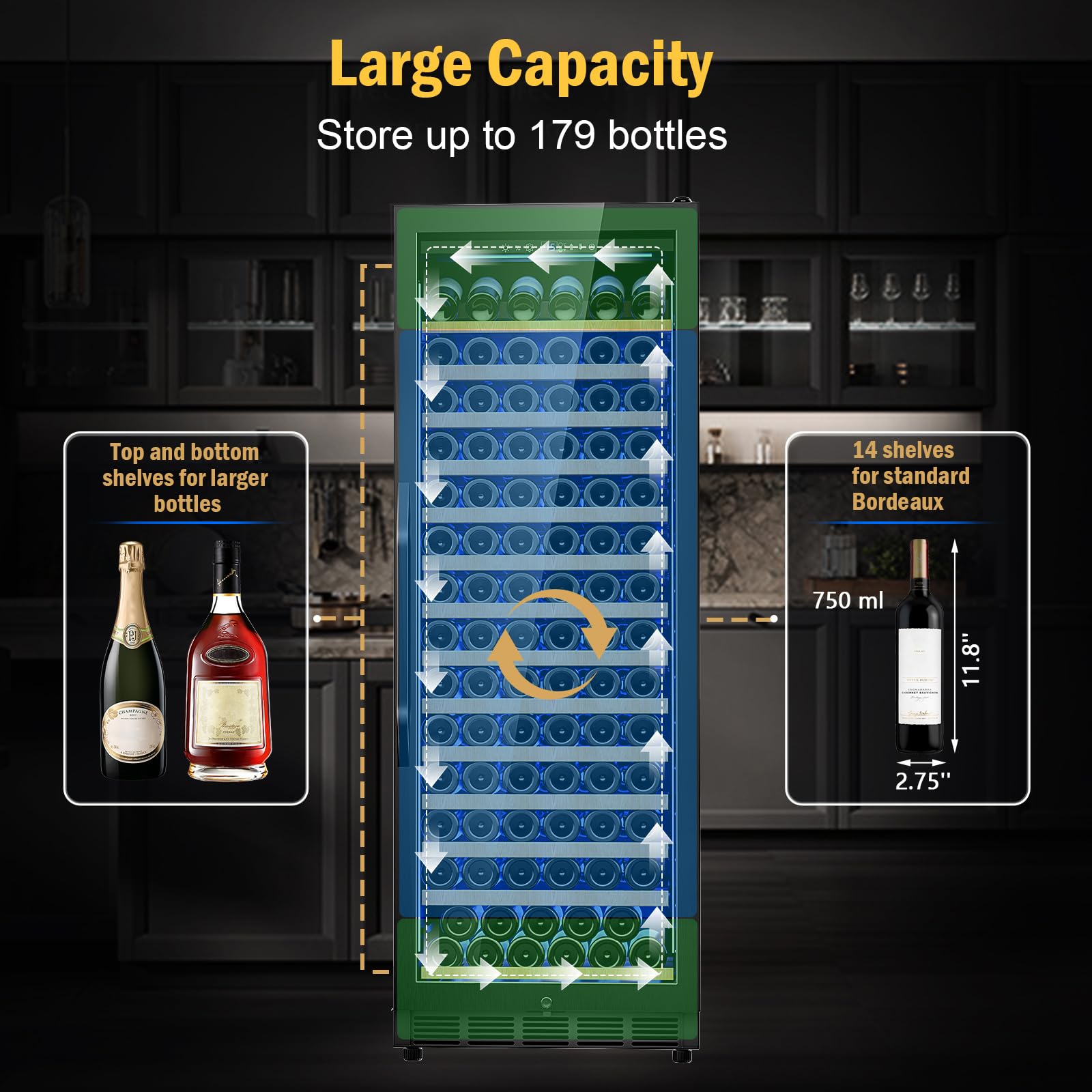 Fomup Wine Fridge Freestanding,173 Bottles 24 Inch Wine Cooler Refrigerator, Tall Wine Fridge With Compressor Low Noise Fast Cooling, Wine Cellar With Upgraded Door Handle Sliding Rail Shelves, Black on Fridge.com - View 2