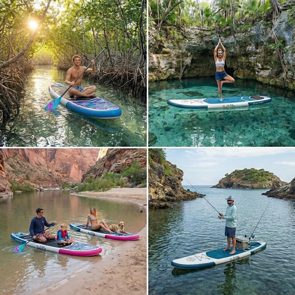 SALT LIFE Inflatable Stand Up Paddle Board – Wide Stable iSUP with Non-Slip EVA Deck, Drop-Stitch Double-Rail Construction, SUP Set: Paddle, Pump, Leash, Fins