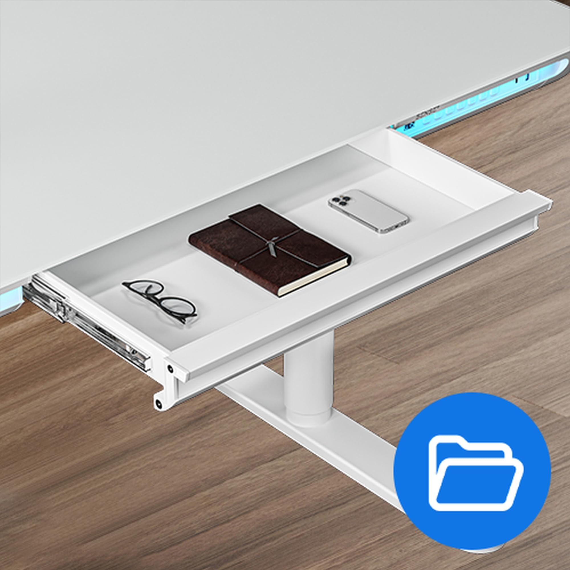 SENSE7 Nomo LED Gaming Schreibtisch, 120x60cm, Höhenverstellbar, USB-C, USB 3.0, Glas, Schublade, Haken, Modern, Weiß, Erwachsener, Home Office, Büro, Lernzimmer, Wohnzimmer