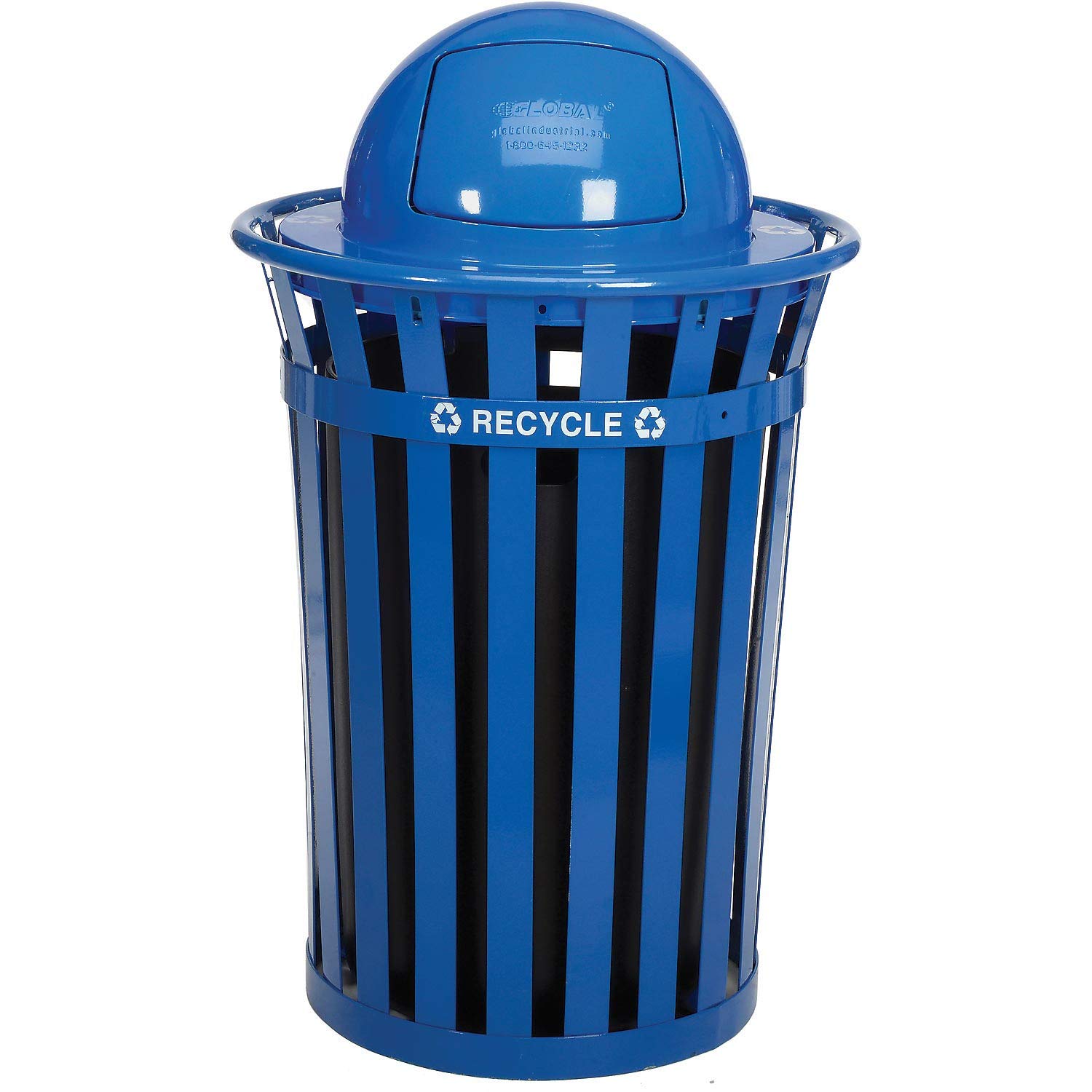 Global Industrial 36 Gallon Outdoor Steel Recycling Receptacle with Dome Lid, Plastic Liner and Anchor Kit Included, 28" Dia. X 42" H, Commercial Trash Can, Blue
