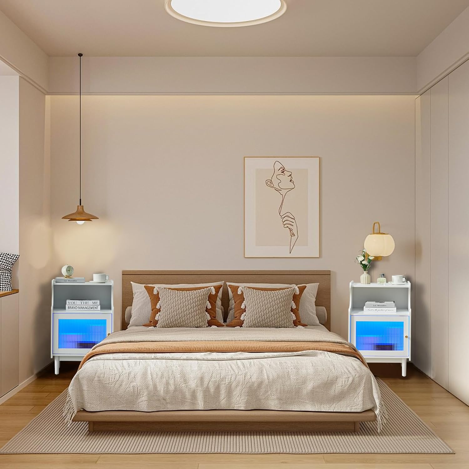 TUKAILAi Nightstands with LED Lights, Modern Bedside Table with Fluted Glass Door & Opening Storage, Painted Wooden End Table for Bedroom (White)