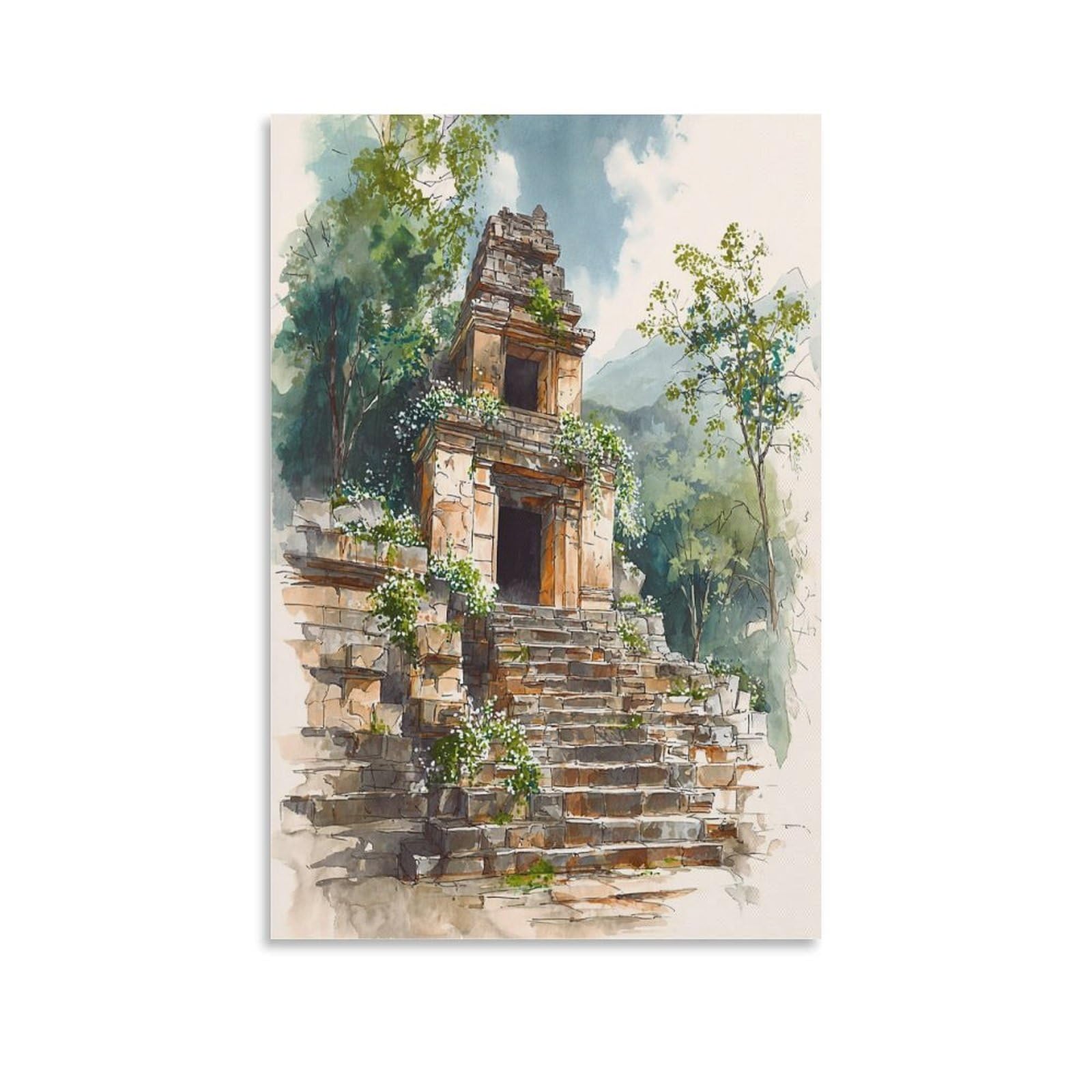 LCYNNH Tikal Maya Jaguar Guatemala 24x36inch(60x90cm) Vintage Travel Poster Watercolor Canvas Art