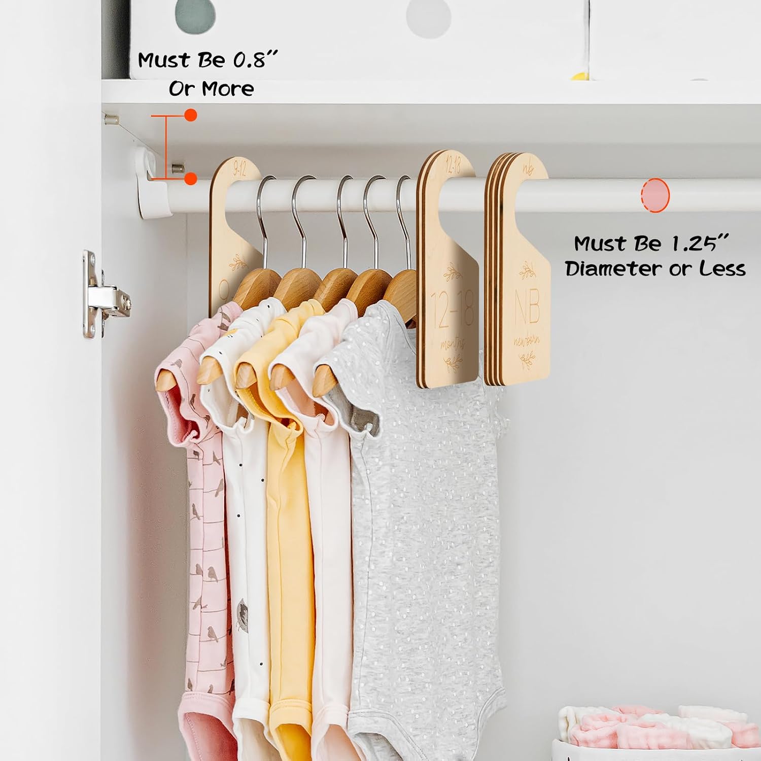 Baby Closet Dividers for Clothes Organizer - Set of 7 Adorable Wooden Double-Sided Baby Clothes Size Hanger Organizer from Newborn to 24 Months for Nursery Beautiful Decor