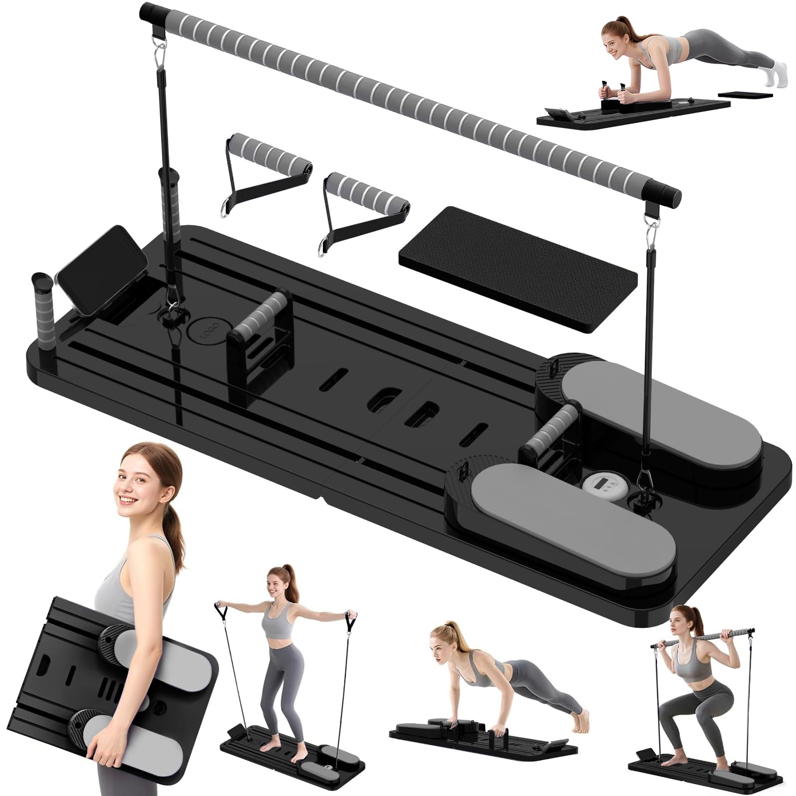 Pilates Reformer Upgraded, 8 en 1 Planche Pilate Maison Multifonction, Pilates Board Pliabl avec 5 Bandes de Résistance, Rebond Automatique et Appareil Abdominal, Entraînement Complet du Corps