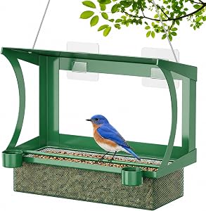HOSUN 2-in-1 Bird Feeder for Windows and Hanging, Metal Wild Bird Feeder with Mesh Tray, Top Canopy & 2 Water Cups, Adhesive Hook Mount, Weatherproof Bird Feeder, Backyard Bird Watching Gift | Metal Wild Bird Feeder with Mesh Tray,Top Canopy & 2 Wate