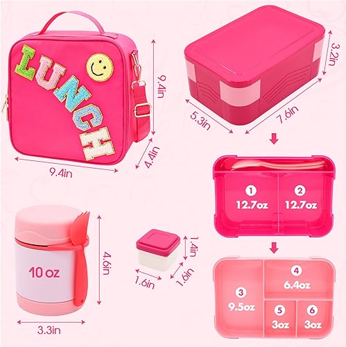 Miniatura 6 de Lonchera Bento para niños con tarro térmico de 10 onzas, recipientes de almuerzo a prueba de fugas con 6 compartimentos, bolsa de almuerzo de nailon