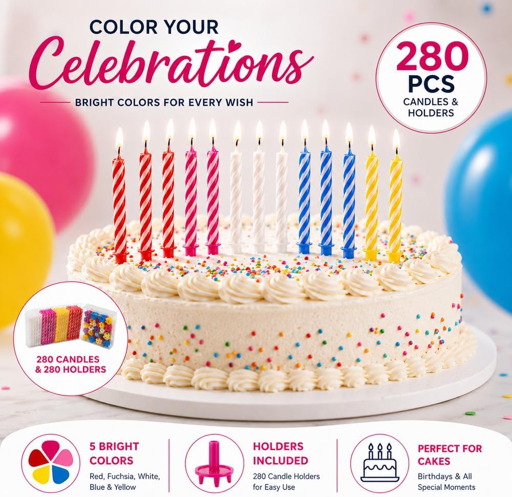Cwise 280-Count Birthday Candles Bulk Pack with Holders – Spiral Cake & Cupcake Candles – Multicolor Slim Party Candles – Colorful Cake Decorations