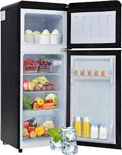 Frigorífico Mini 92L, Frigorifico Pequeño con Congelador (28L+64L), Frigorifico Combi con LED, 105,5x41x45,5 cm Frigorífico no Frost con 2 Estantes Ajustables, 116 kWh/año, -27°C∽13°C (Black)
