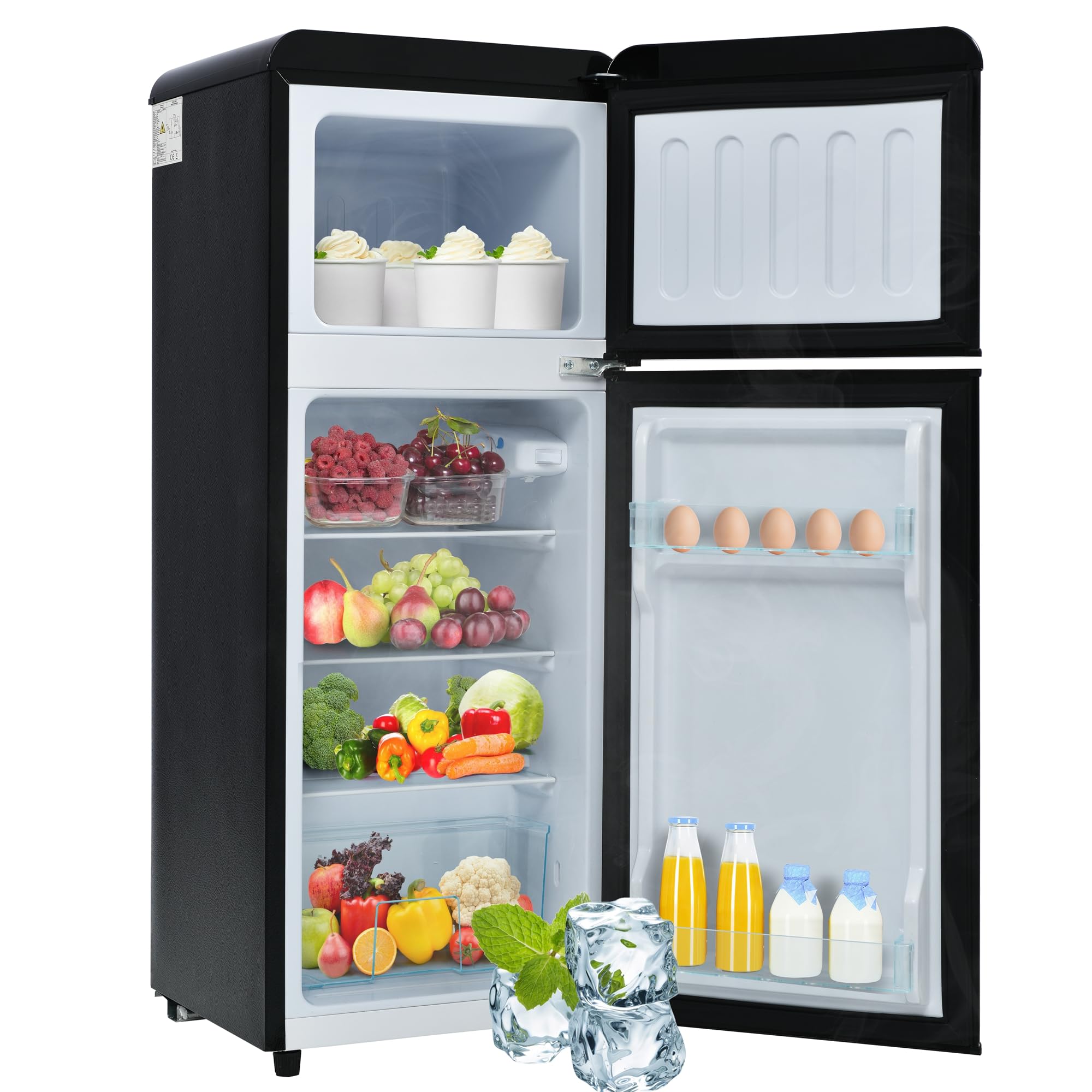 Frigorífico Mini 92L, Frigorifico Pequeño con Congelador (28L+64L), Frigorifico Combi con LED, 105,5x41x45,5 cm Frigorífico no Frost con 2 Estantes Ajustables, 116 kWh/año, -27°C∽13°C (Black)