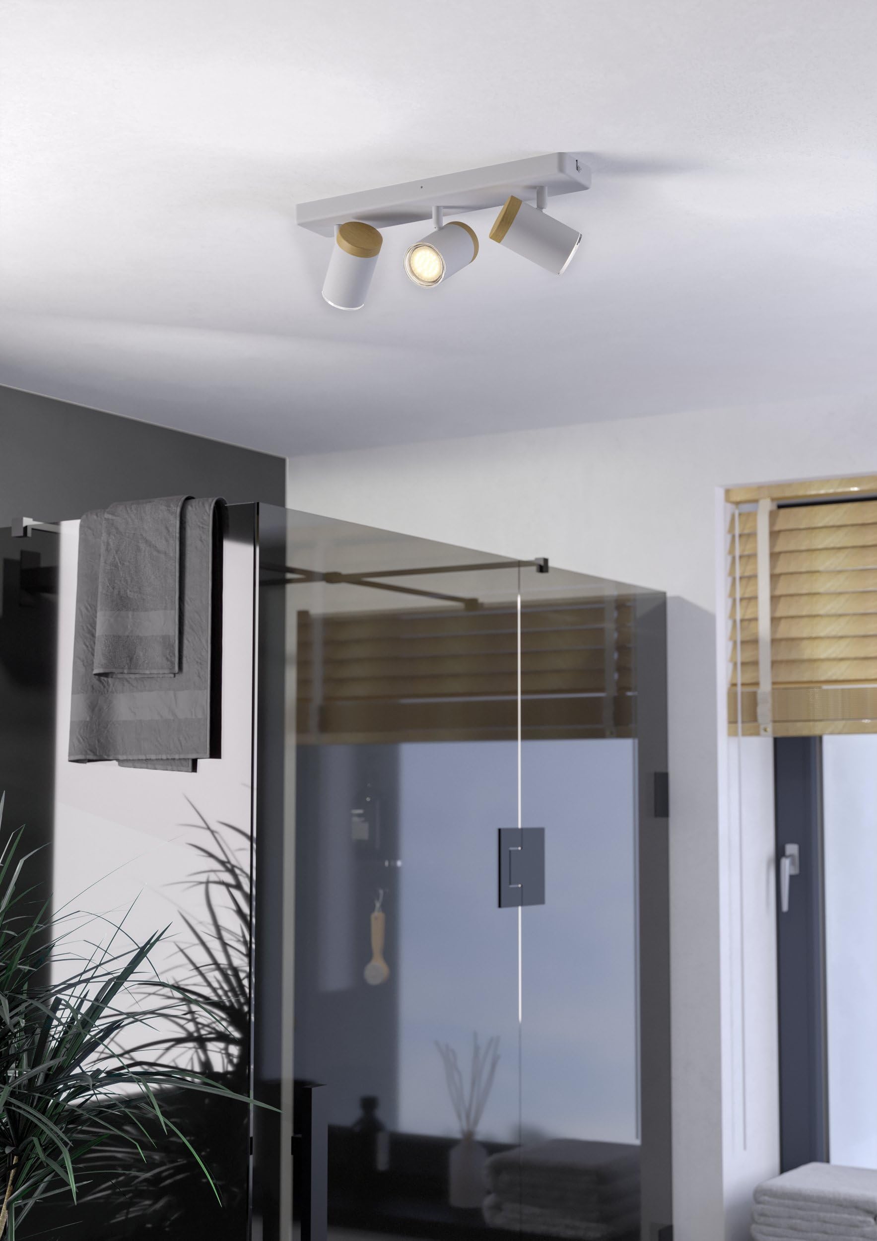 EGLO Deckenlampe 3-flammig Consuma Deckenstrahler | für Wohnzimmer und Badezimmer, Deckenleuchte mit 3 Spots, Holz und Stahl in Weiß, GU10 Fassung, IP44